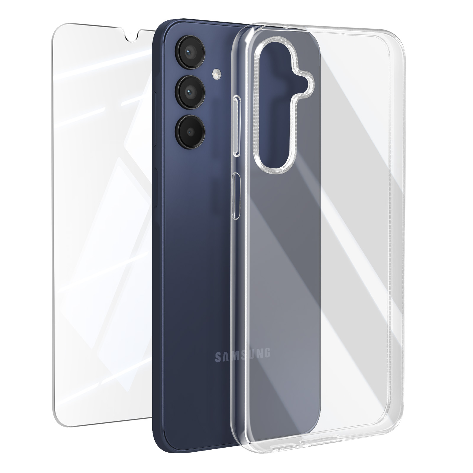 Telefono, protezione schermo e custodia trasparente. Il telefono è blu.