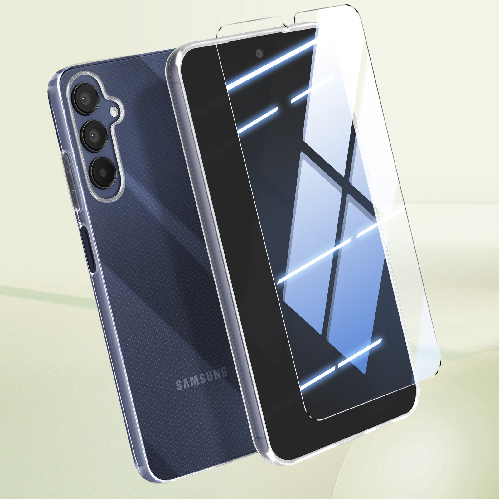 Telefono con protezione schermo e custodia trasparente. Il telefono è blu.