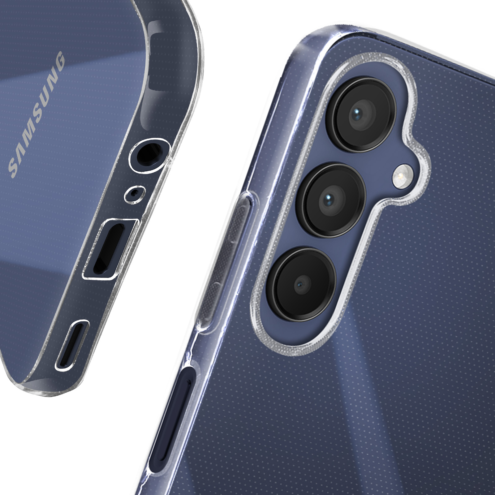 Custodia trasparente con tripla fotocamera, pulsante di accensione e logo Samsung.