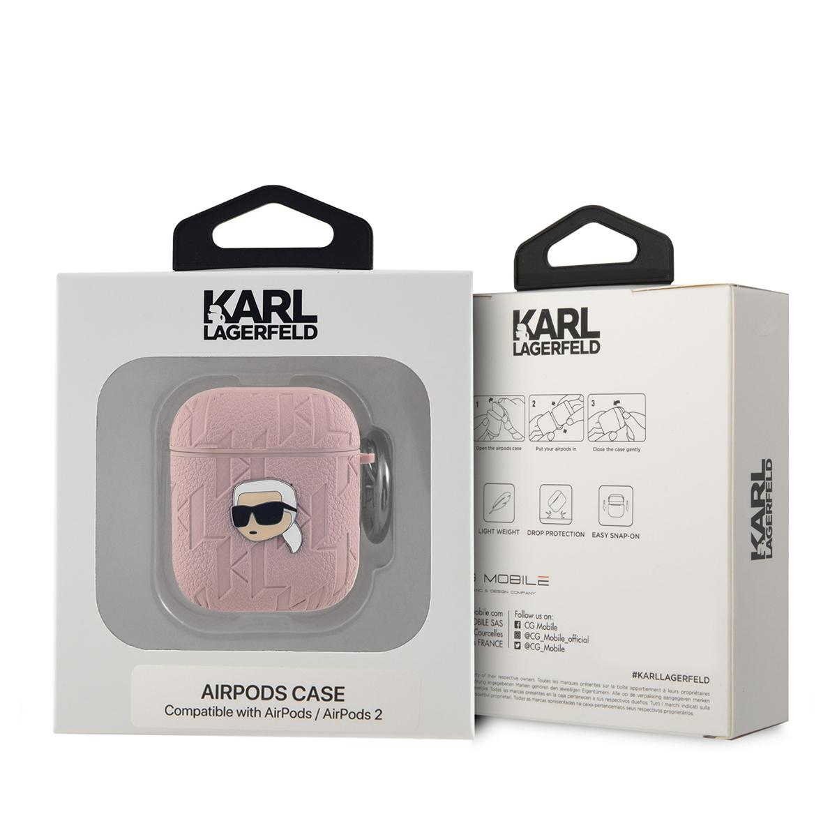 Funda rosa Karl Lagerfeld AirPods con logo. Caja blanca con asa negra. Texto negro en ella.