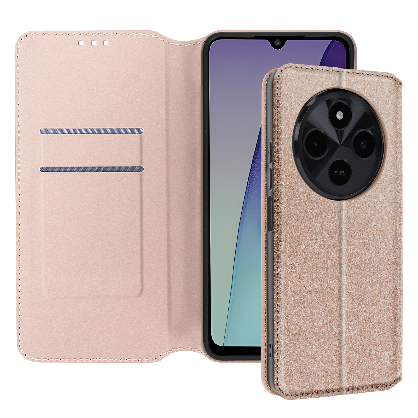 Un telefono è all'interno di una custodia a portafoglio rosa, che rivela lo schermo e le lenti della fotocamera. La custodia è aperta.