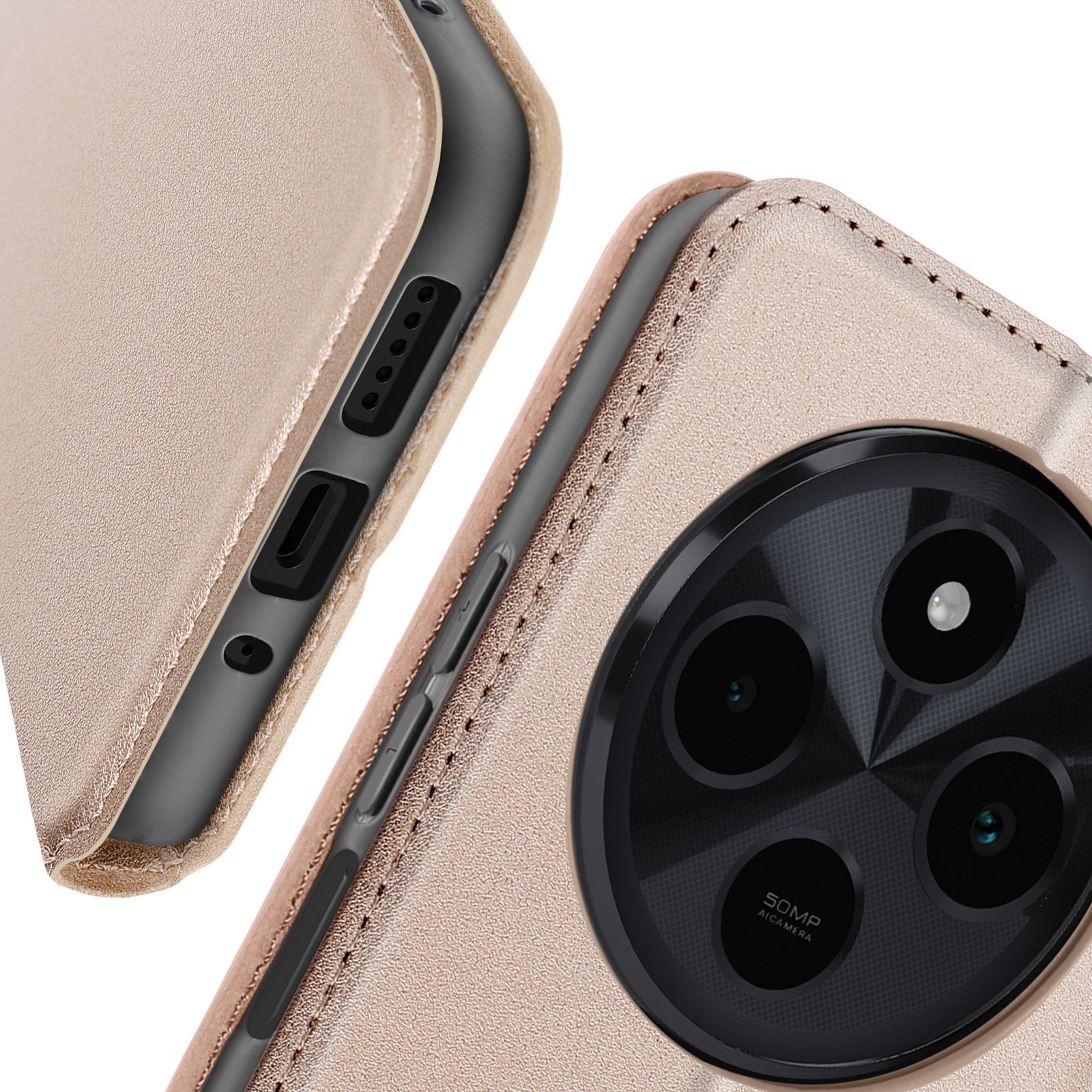 Primo piano di un telefono con custodia in pelle beige.