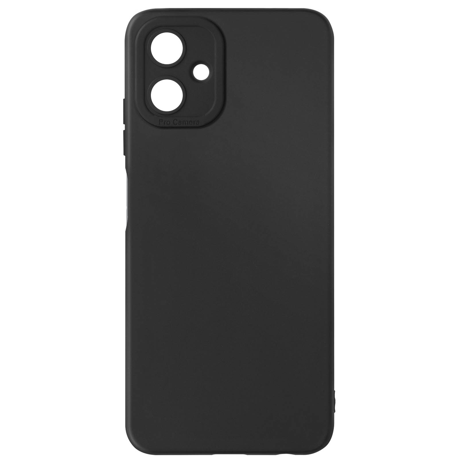 Custodia per telefono nera con due ritagli per la fotocamera e un flash. Un design semplice ed elegante.