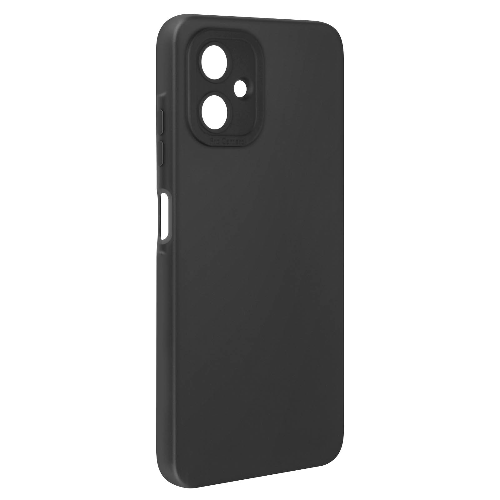 Custodia per telefono nera, liscia. Ritaglio della fotocamera e testo Pro Camera. Design semplice ed elegante.