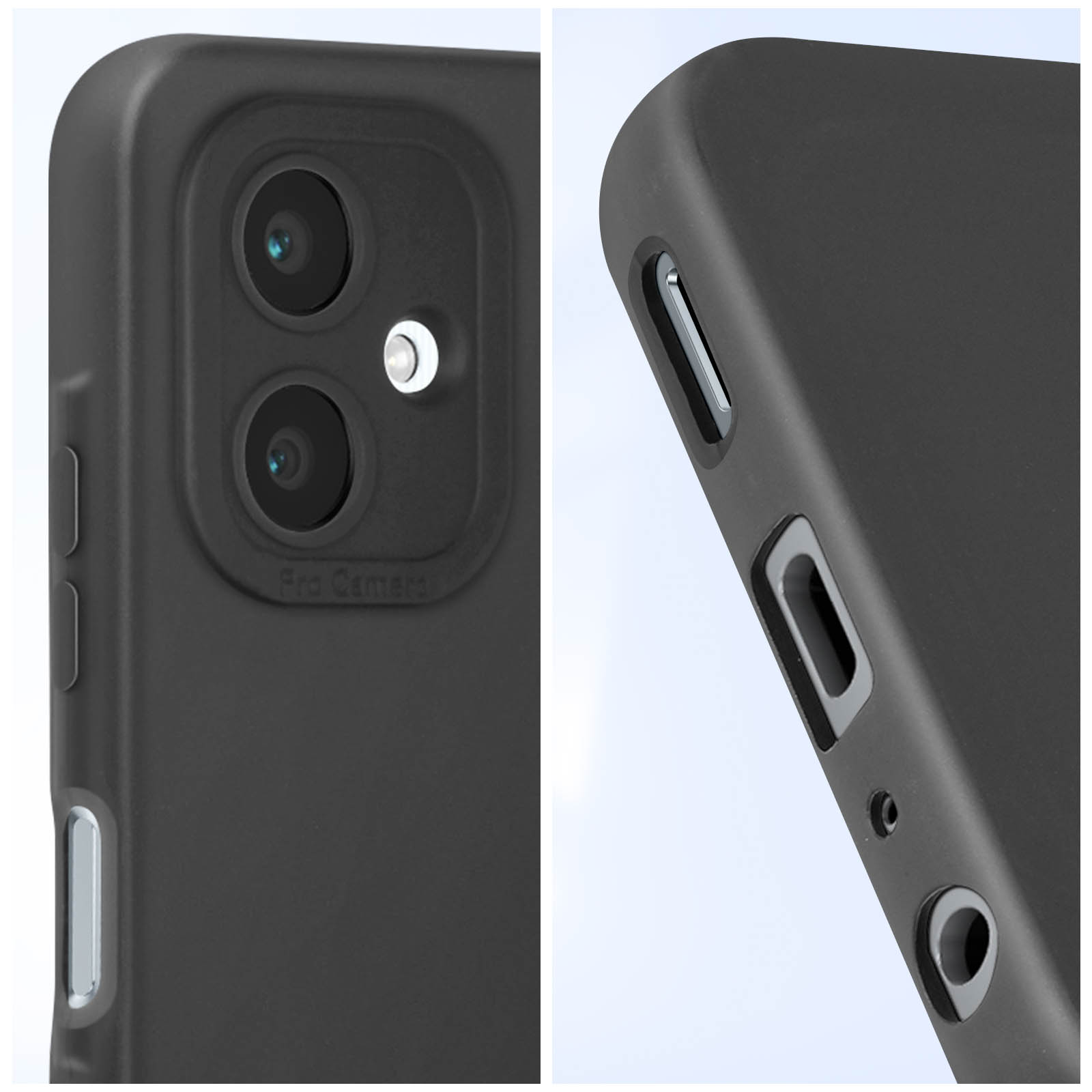 Primo piano di una custodia per telefono nera. Mostra ritagli per la fotocamera e funzioni laterali come pulsanti e porte.