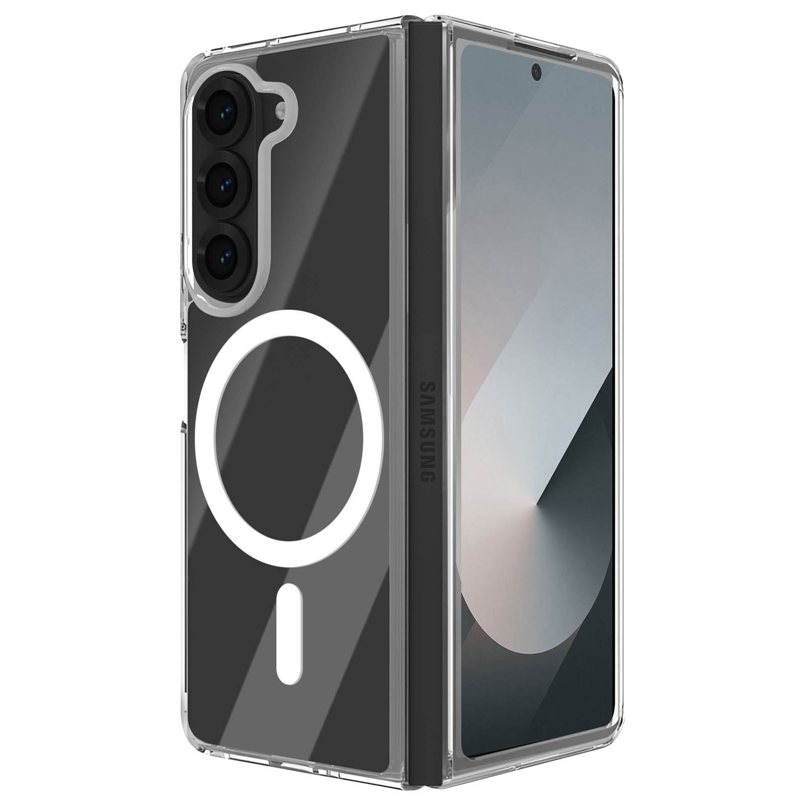Custodia trasparente con cerchio bianco. Il telefono è visibile. Samsung è scritto sulla custodia.