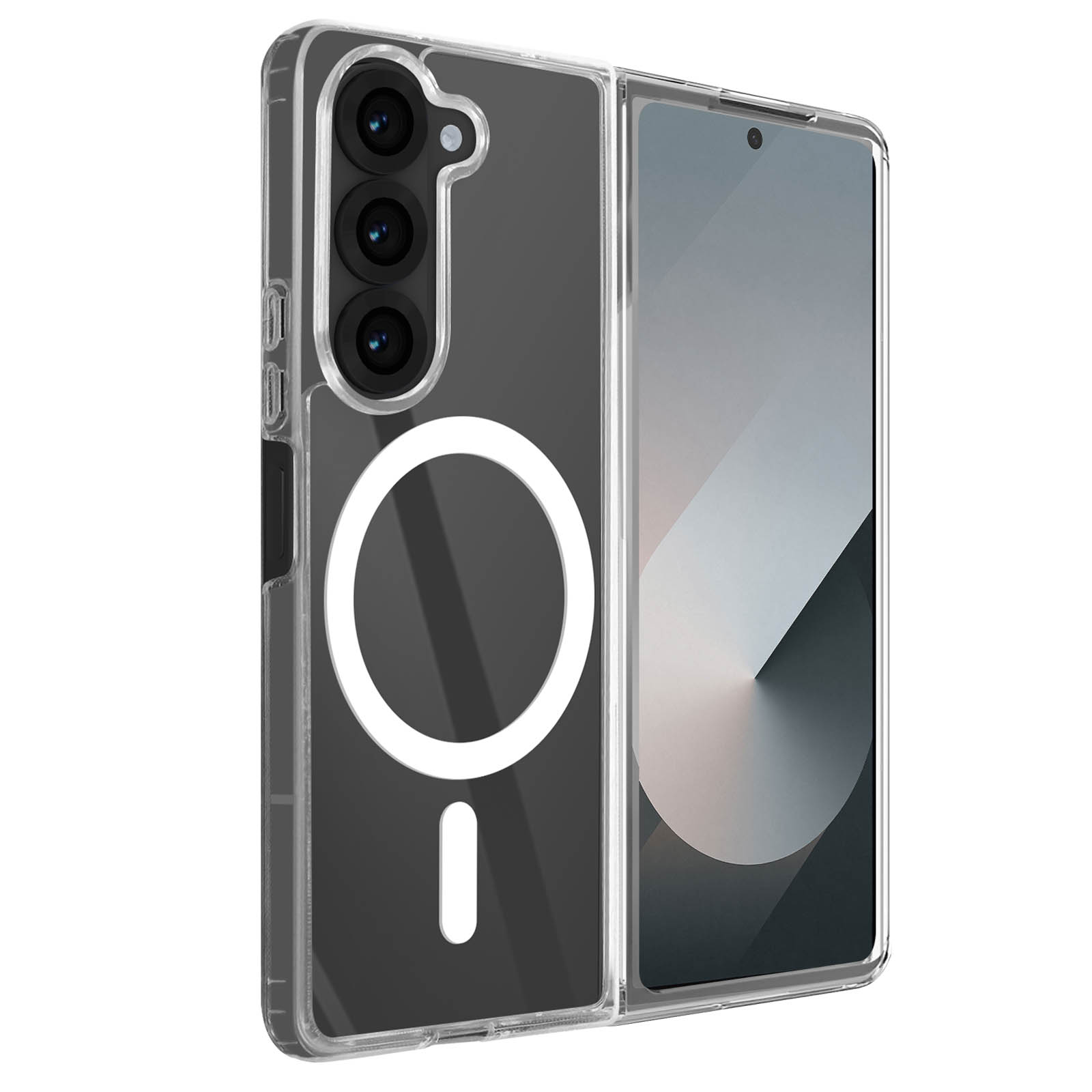Custodia trasparente con cerchio bianco. Il telefono è visibile. Un sistema di fotocamere è visibile.