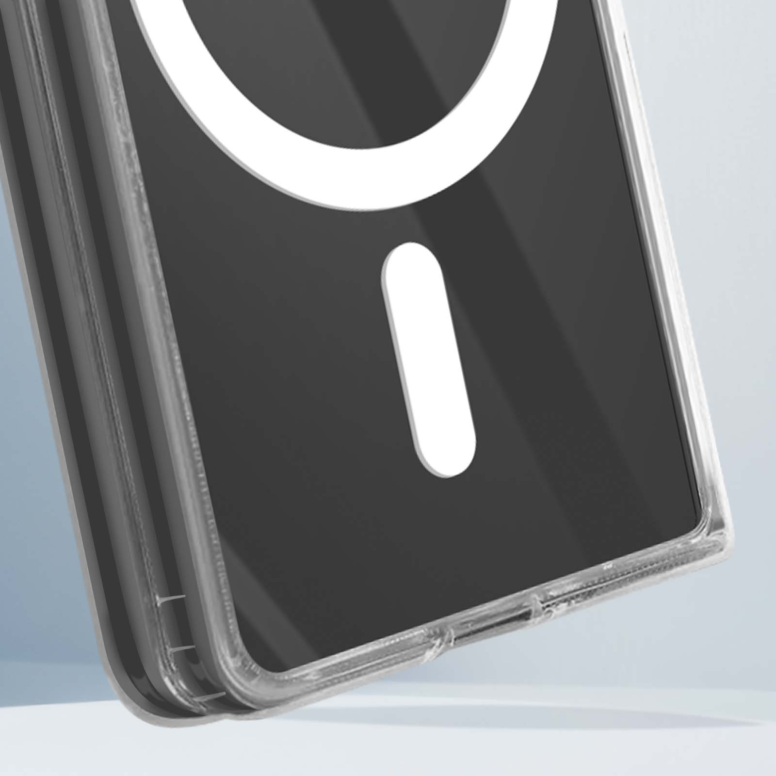 Custodia trasparente per telefono con un cerchio bianco e una linea bianca sul retro.