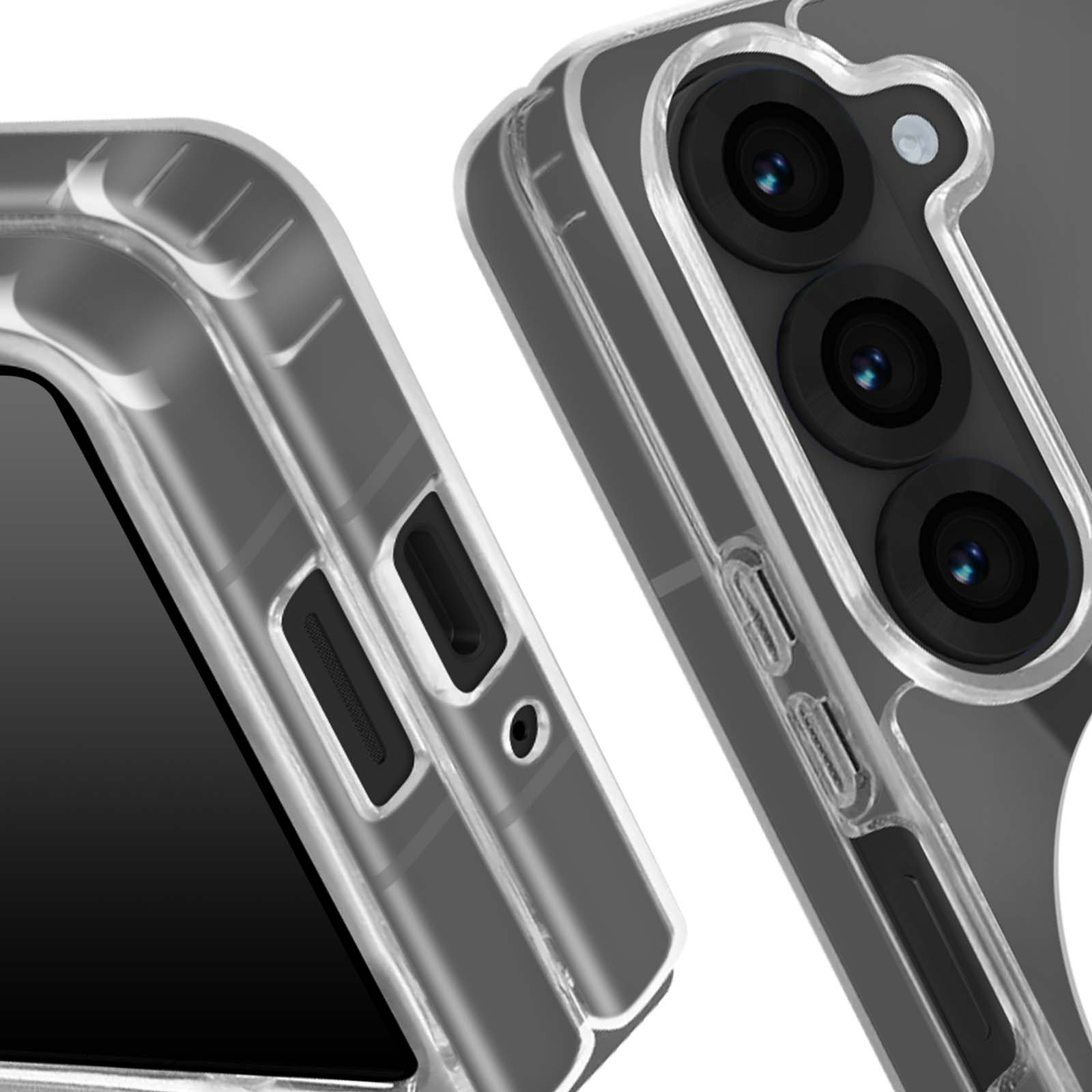 Primo piano di una custodia per telefono. È visibile un sistema di fotocamere. La custodia è trasparente.