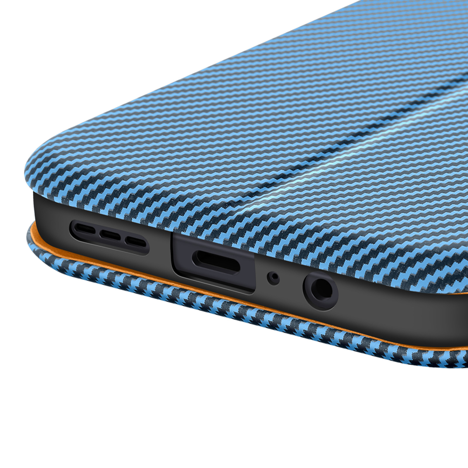 Custodia per telefono con un motivo blu e nero. La parte inferiore mostra la porta di ricarica e il jack.