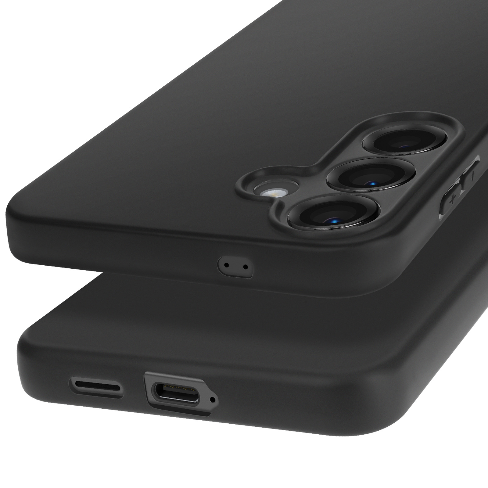 Custodia nera per telefono con tripla fotocamera e porta di ricarica. Due custodie sovrapposte.