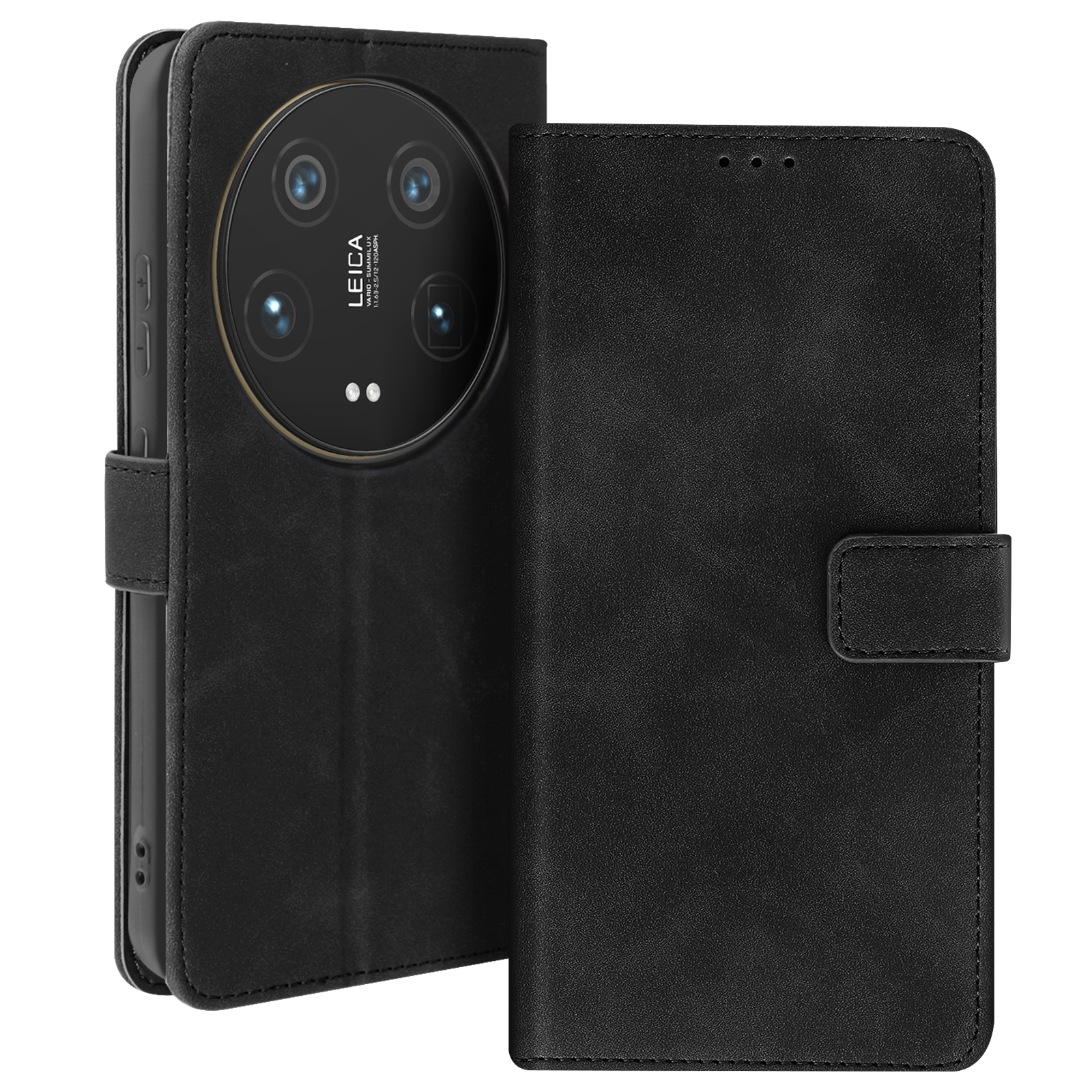 Étui de téléphone noir ouvert avec un téléphone à l'intérieur. Objectif Leica et carte de crédit visibles. Cuir noir.