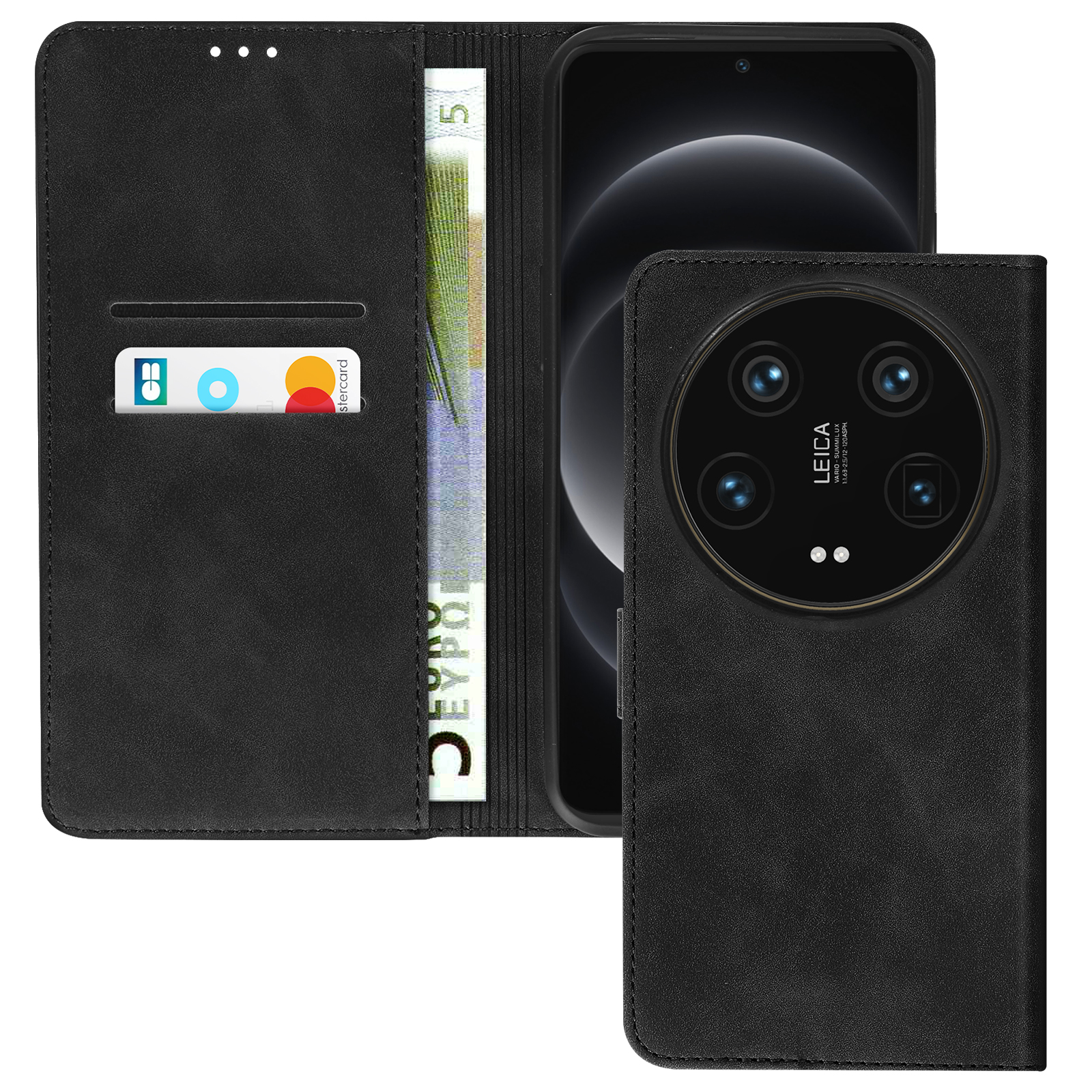 Une coque de téléphone noire avec un téléphone à l'intérieur. La coque est ouverte. L'appareil photo du téléphone est visible.