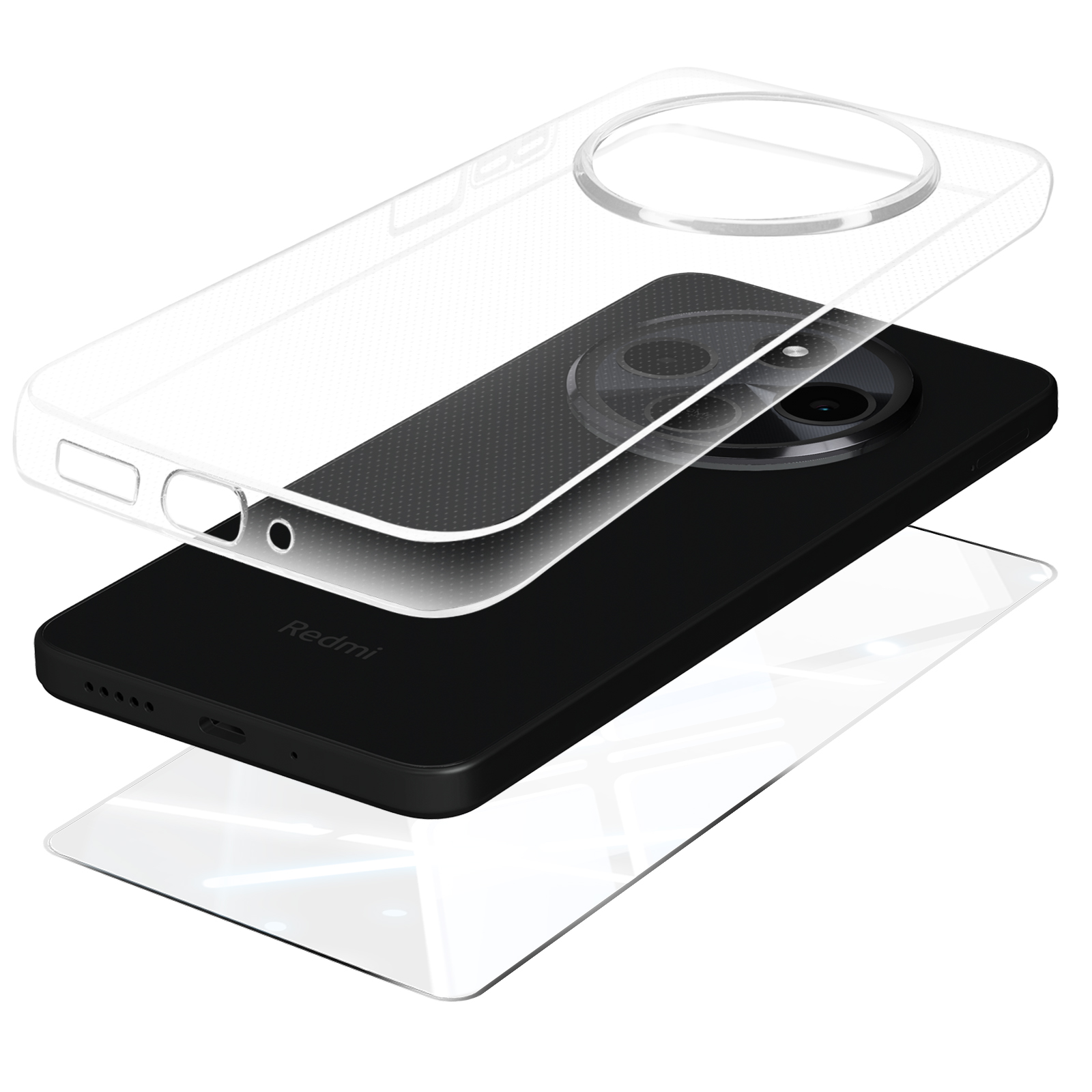 Telefono nero con custodia trasparente, a strati. La custodia mostra la disposizione delle fotocamere.