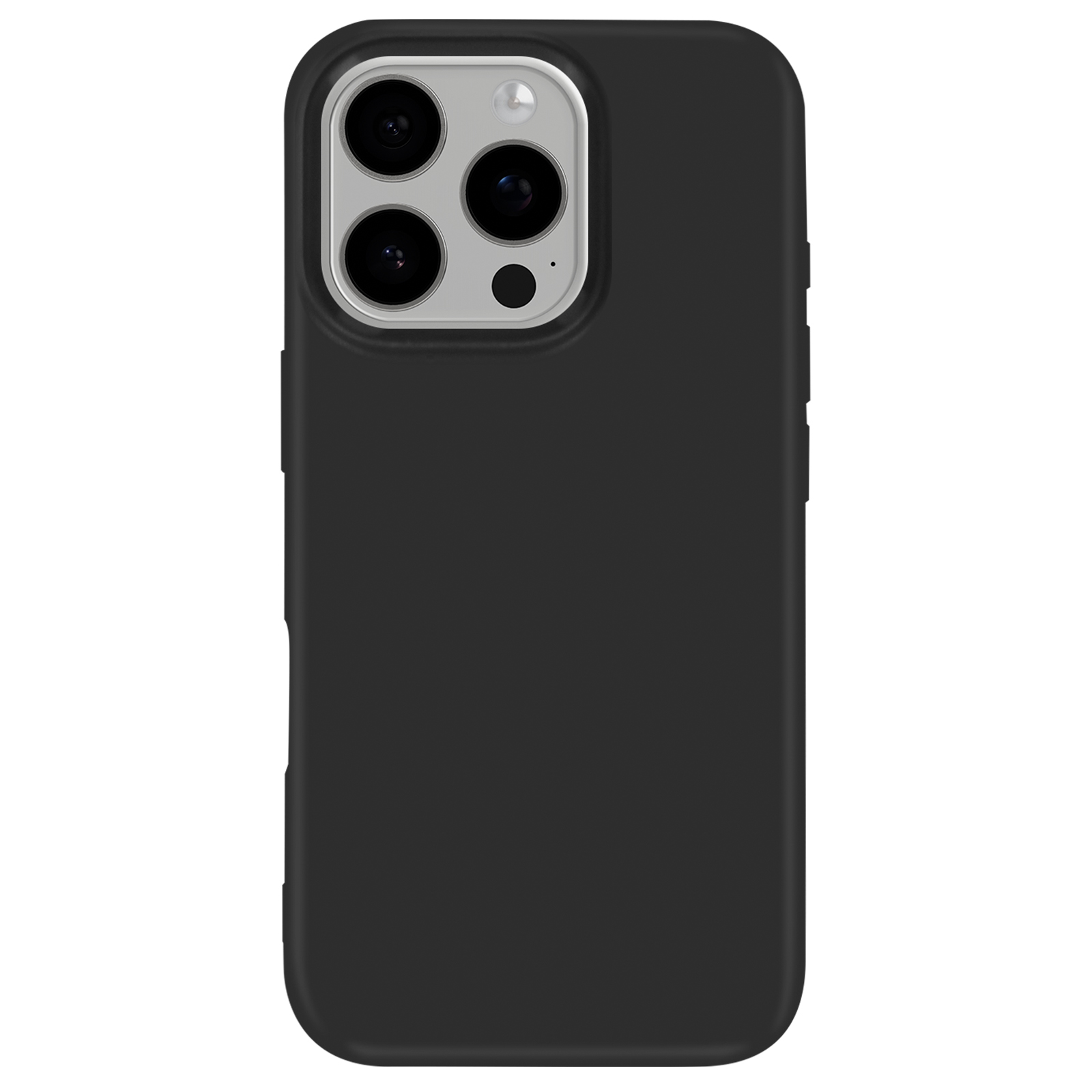 Telefono nero in una custodia nera. La custodia copre il telefono. Lo sfondo è bianco.