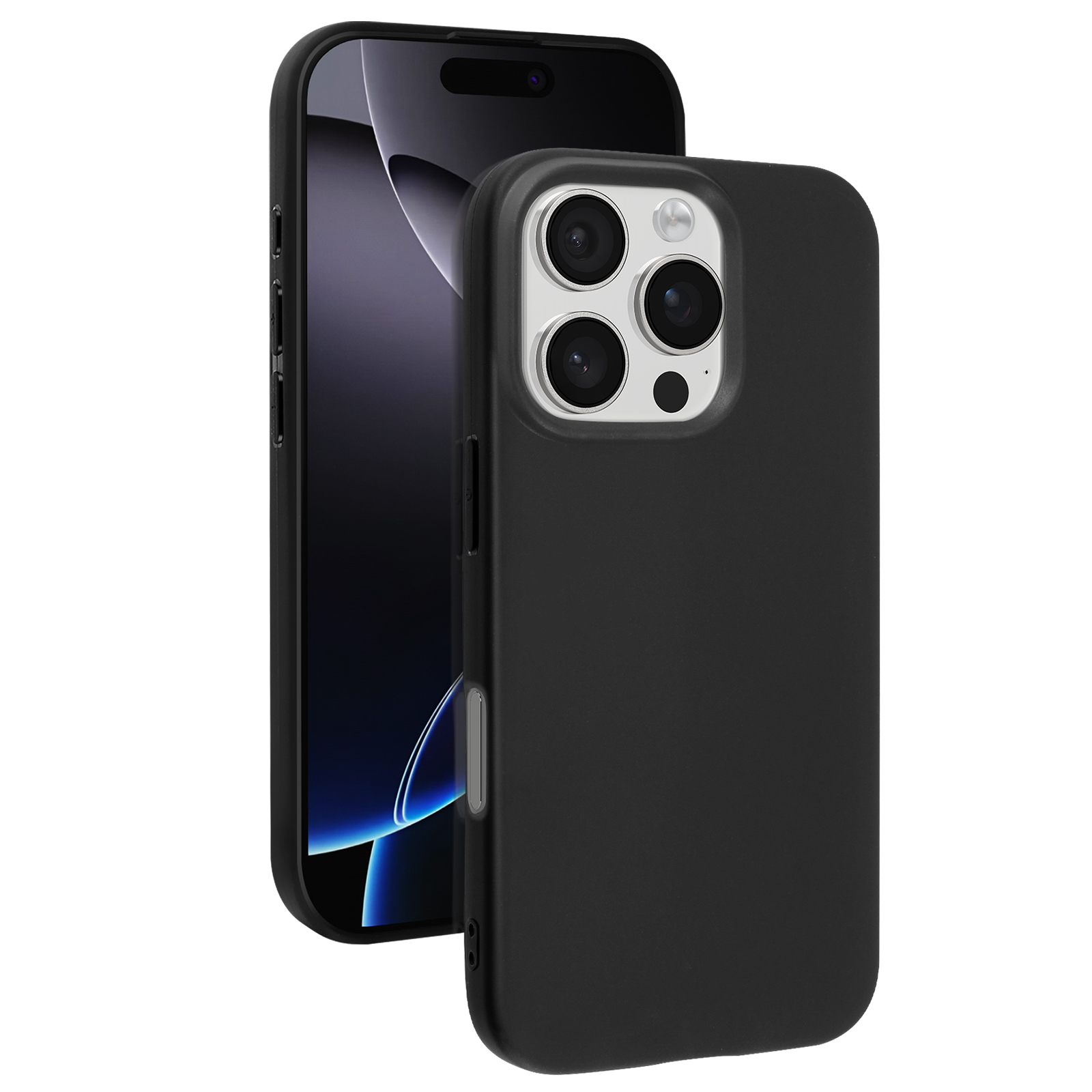 Telefono nero con custodia nera. Il telefono è accanto alla custodia. Lo sfondo è bianco.