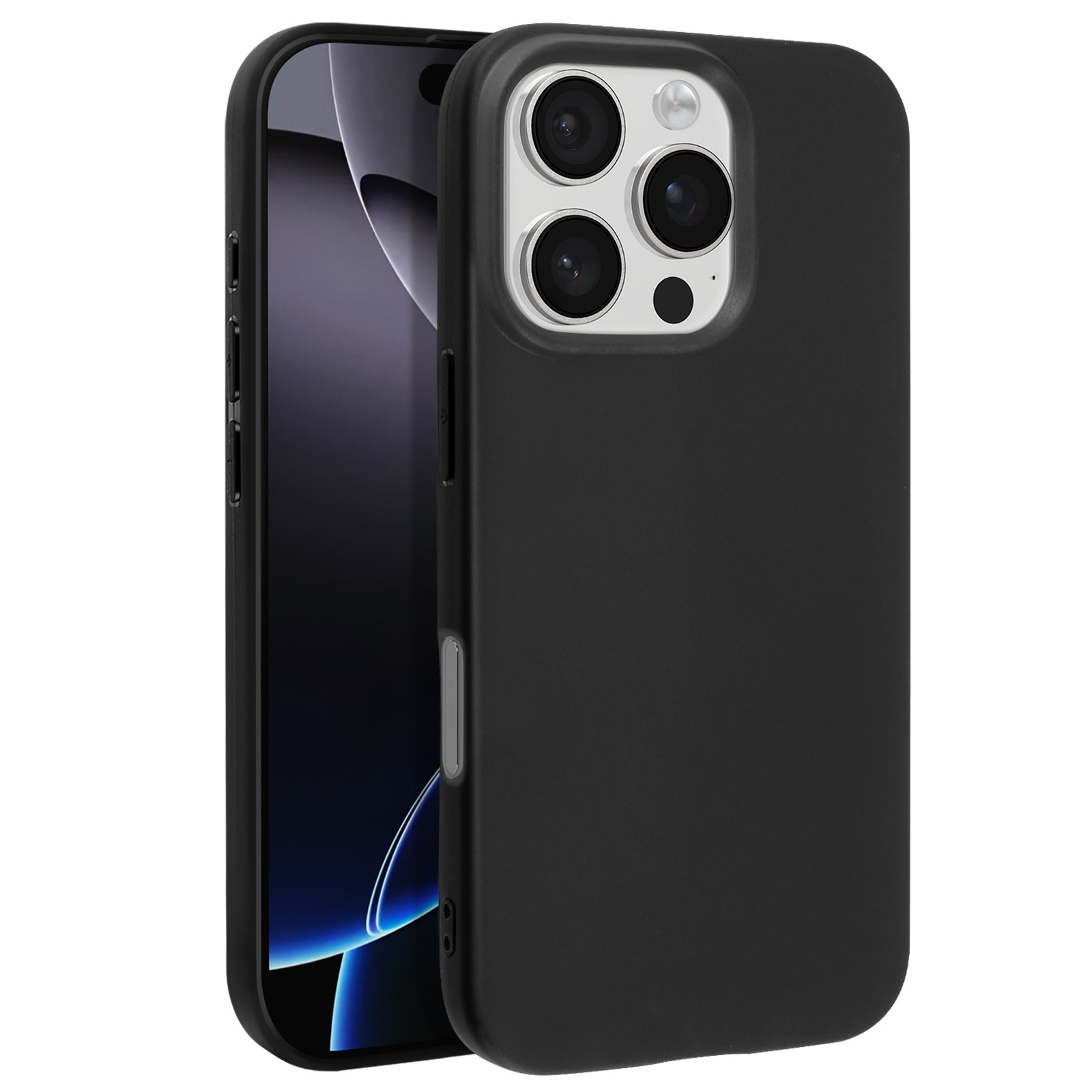 Custodia per telefono nera con telefono all'interno. Obiettivi della fotocamera neri sono visibili. Sfondo grigio.