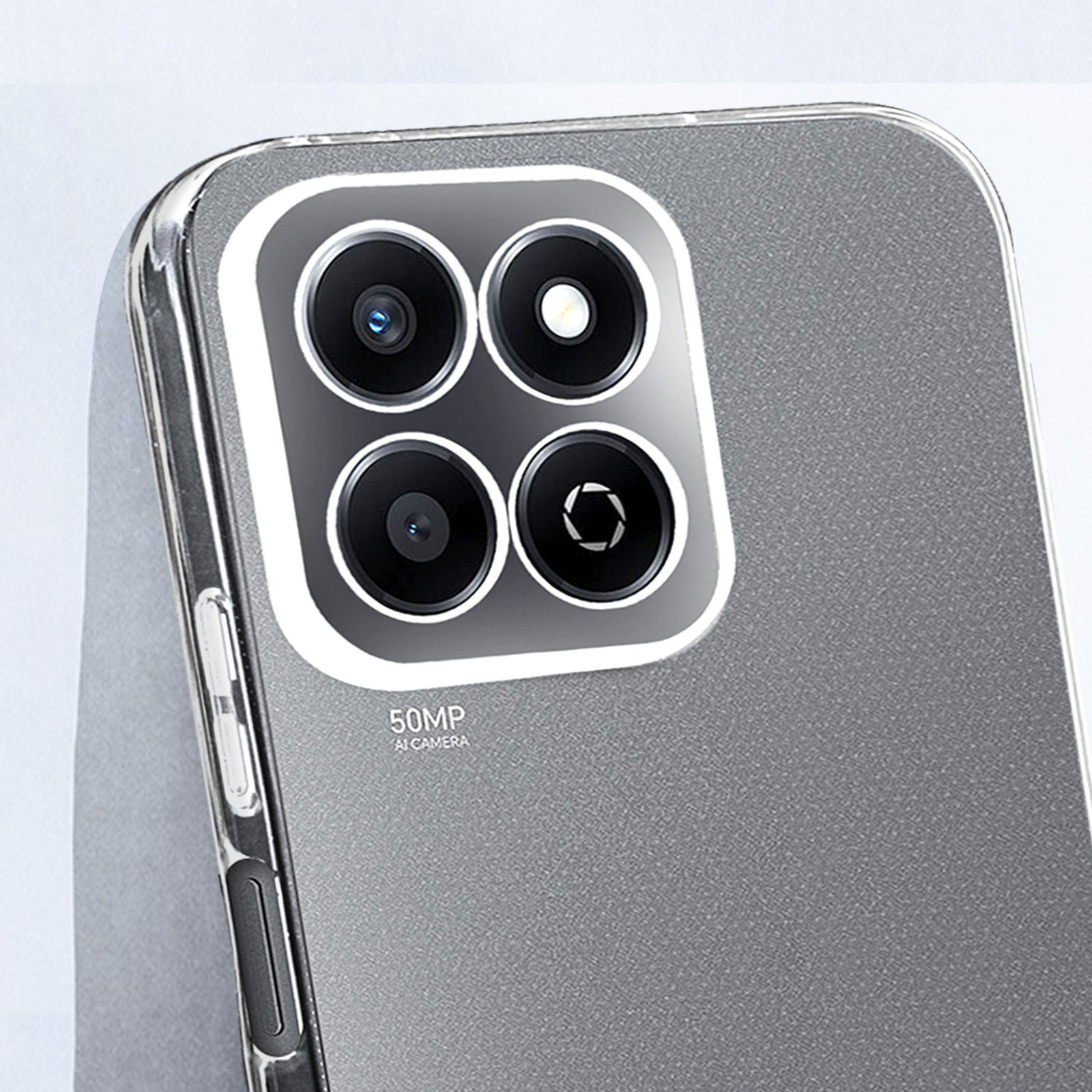 Primo piano delle fotocamere del telefono. La custodia è trasparente.