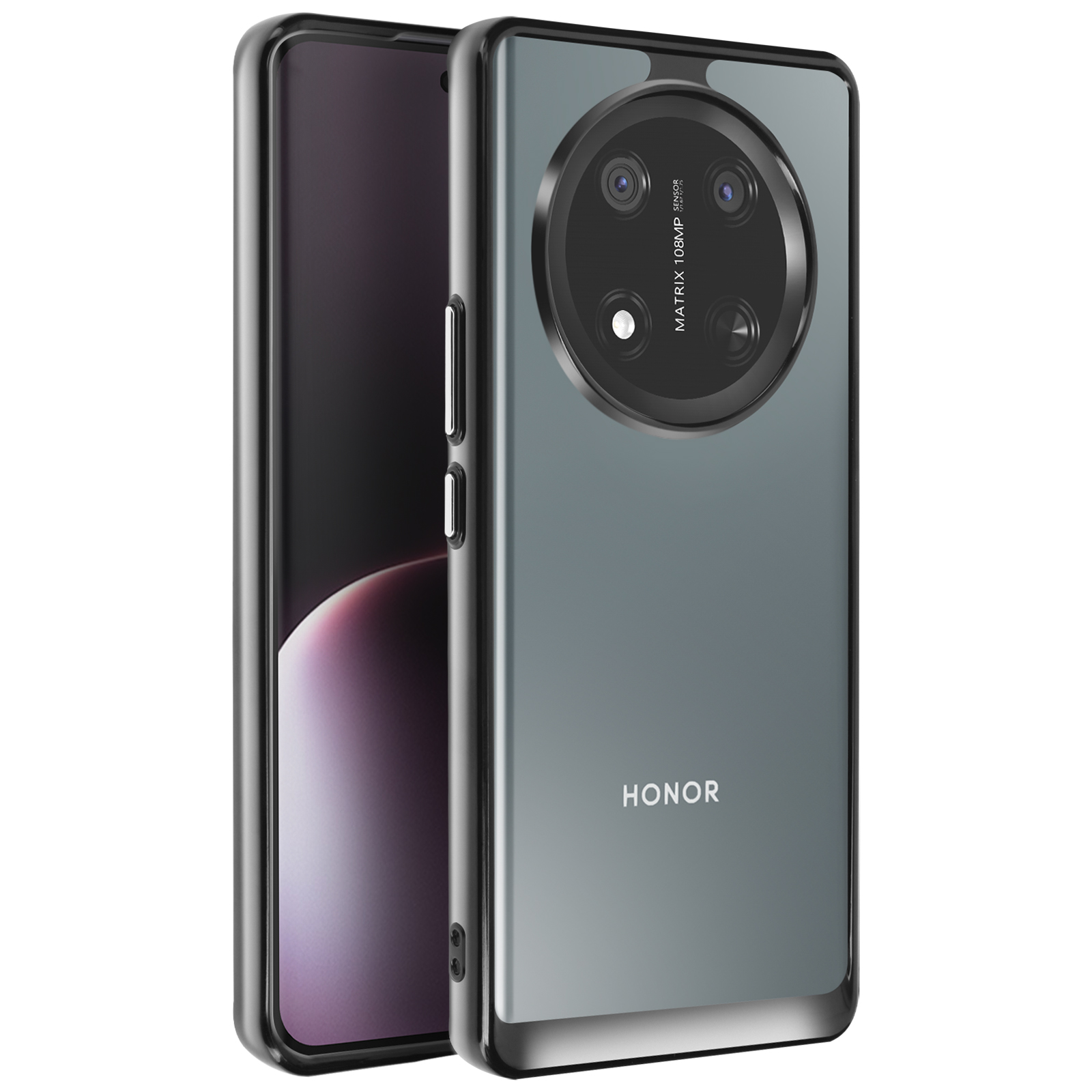 Telefono con custodia trasparente. Il telefono è verde scuro con design della fotocamera circolare.
