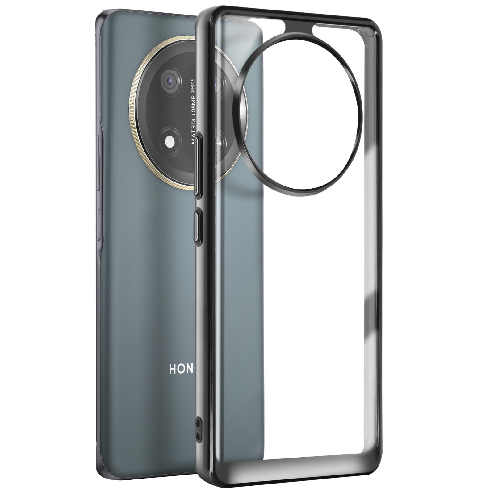 Telefono con custodia trasparente. Il telefono è verde scuro con design della fotocamera circolare.