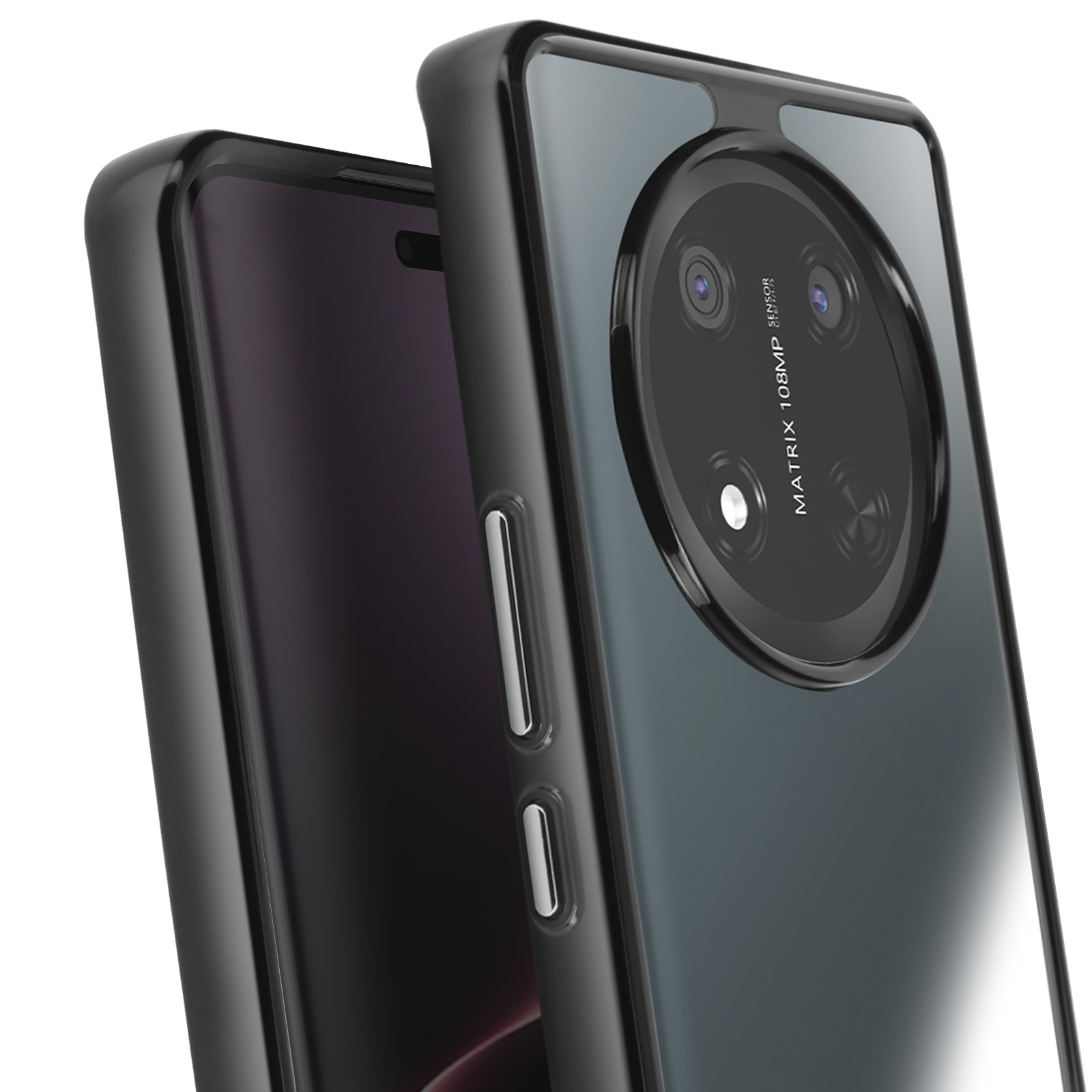 Telefono con custodia trasparente. Mostra la fotocamera e i pulsanti.