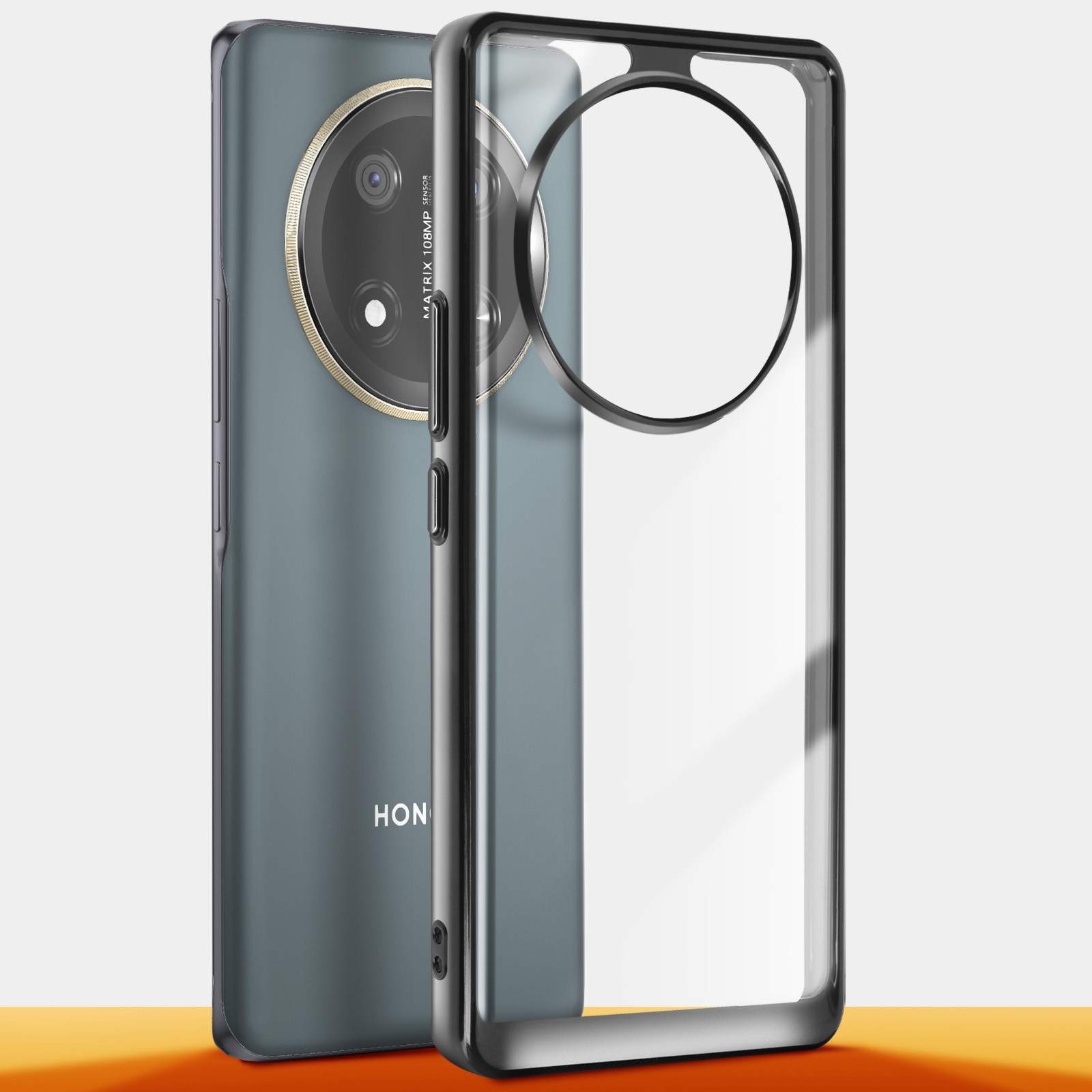 Telefono con custodia trasparente. Il telefono è verde scuro con design della fotocamera circolare.