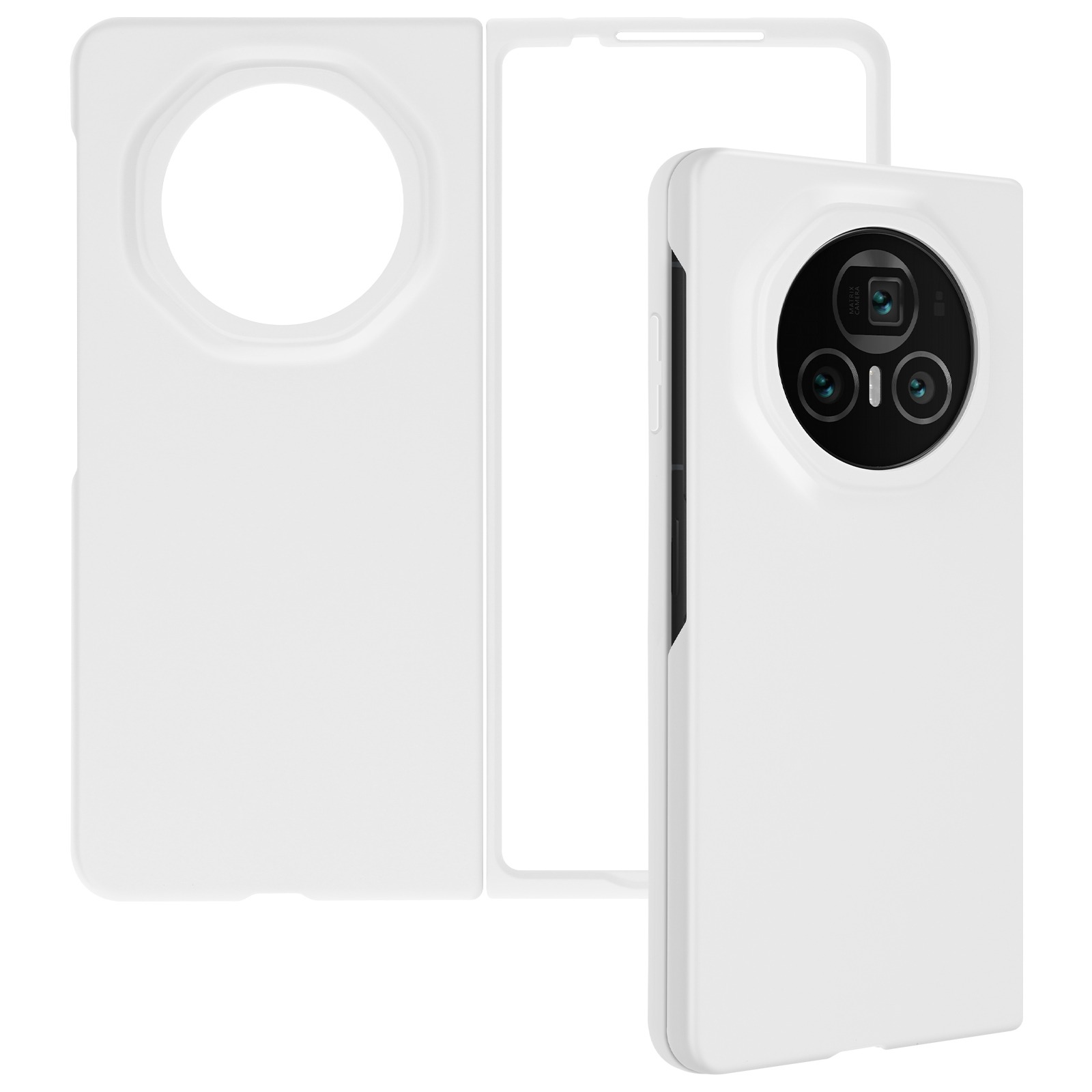 Custodia bianca per telefono con cornice protettiva trasparente. La custodia ha un ritaglio per la fotocamera e un telefono all'interno.