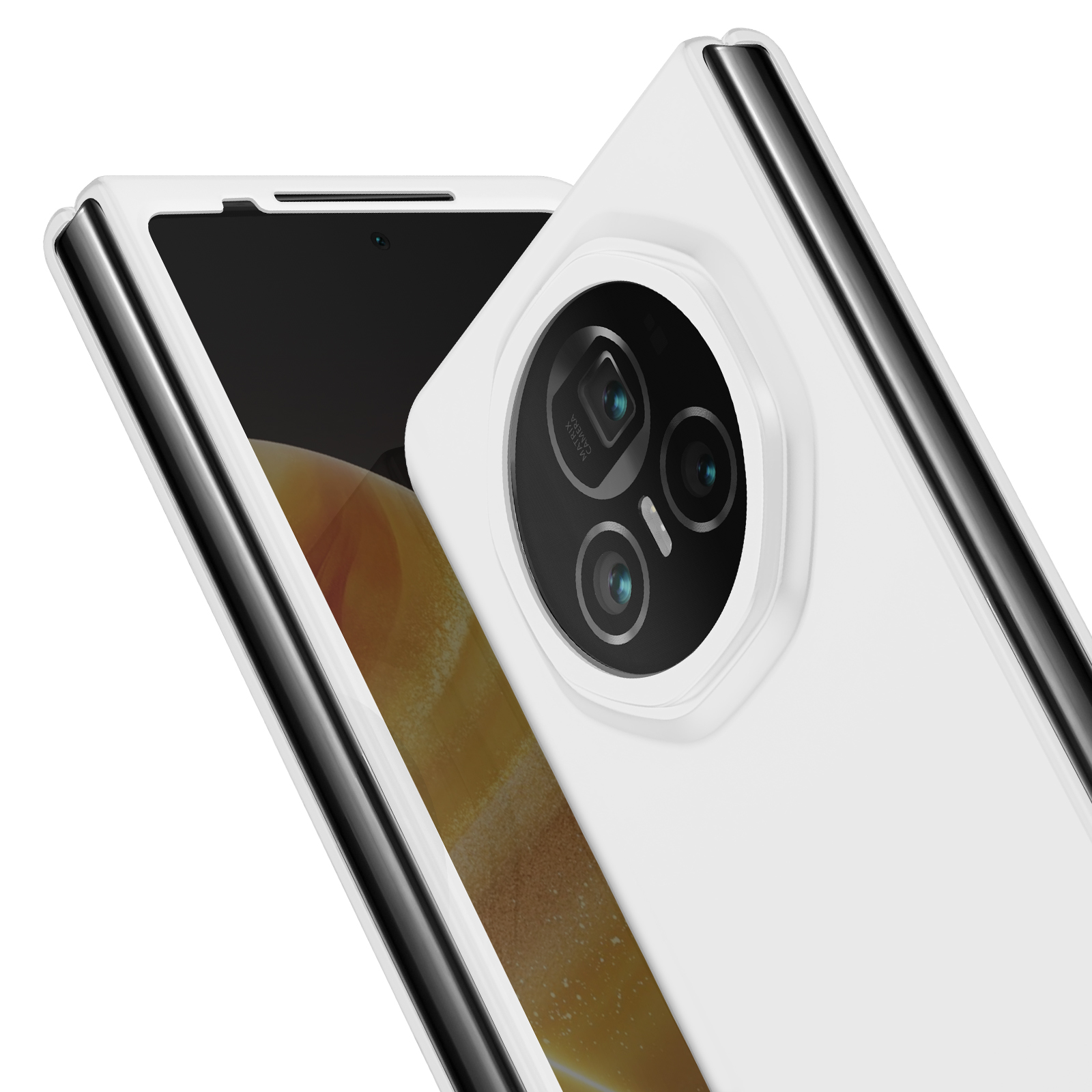 Custodia per telefono bianca, primo piano. La fotocamera è a fuoco con uno sfondo bianco.