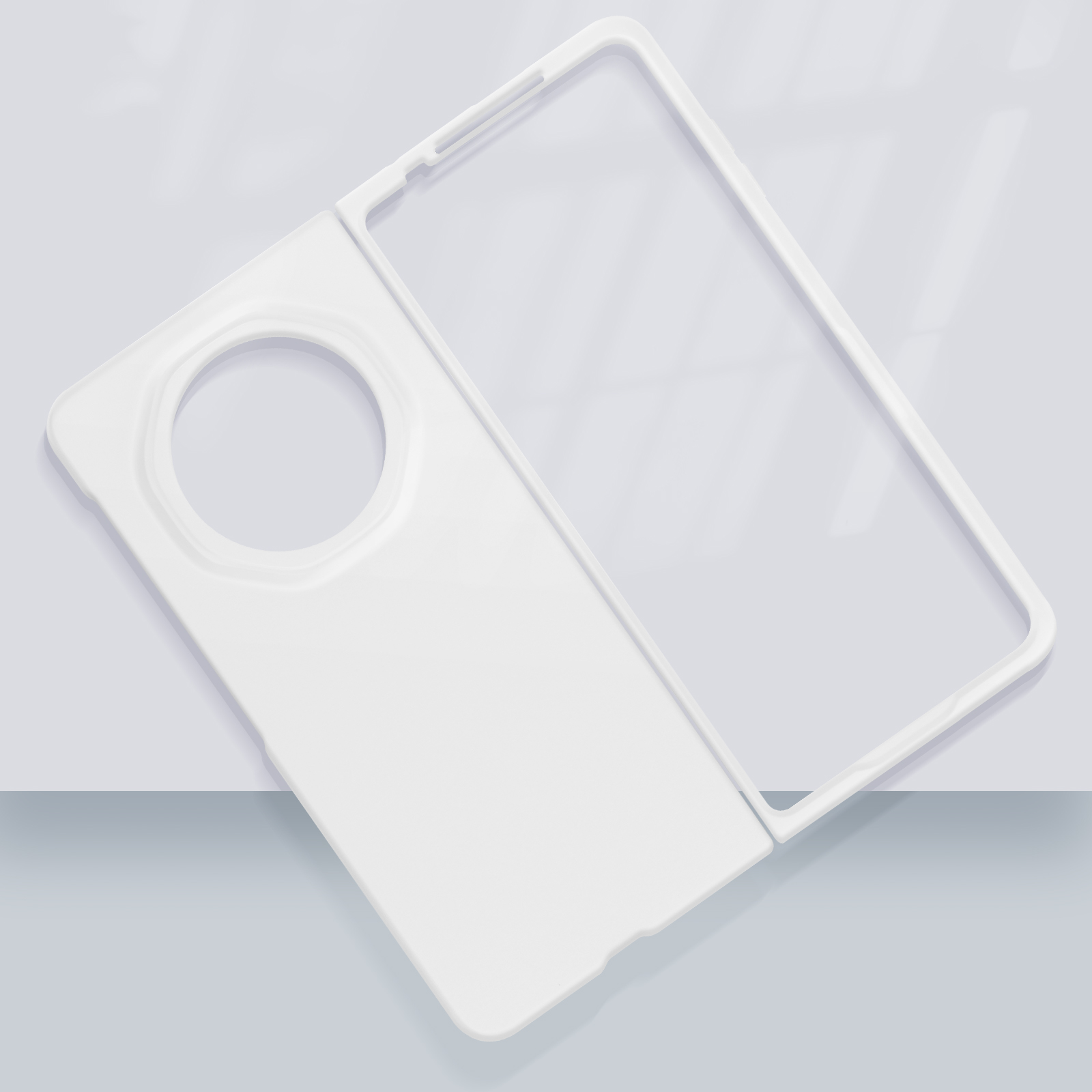 Cornice della custodia del telefono bianca e la cover posteriore della custodia. La cornice è vuota, la cover posteriore è solida.