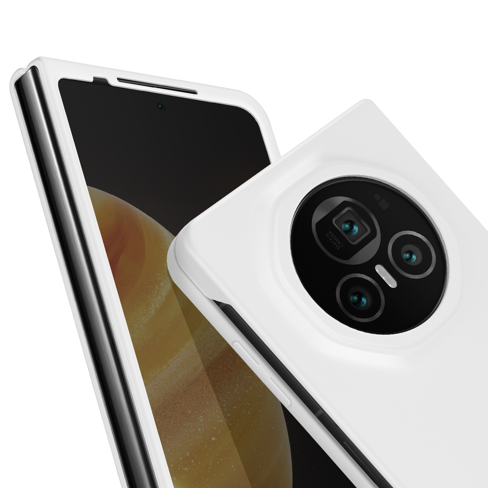 Custodia per telefono bianca, primo piano. La fotocamera è a fuoco con uno sfondo bianco.