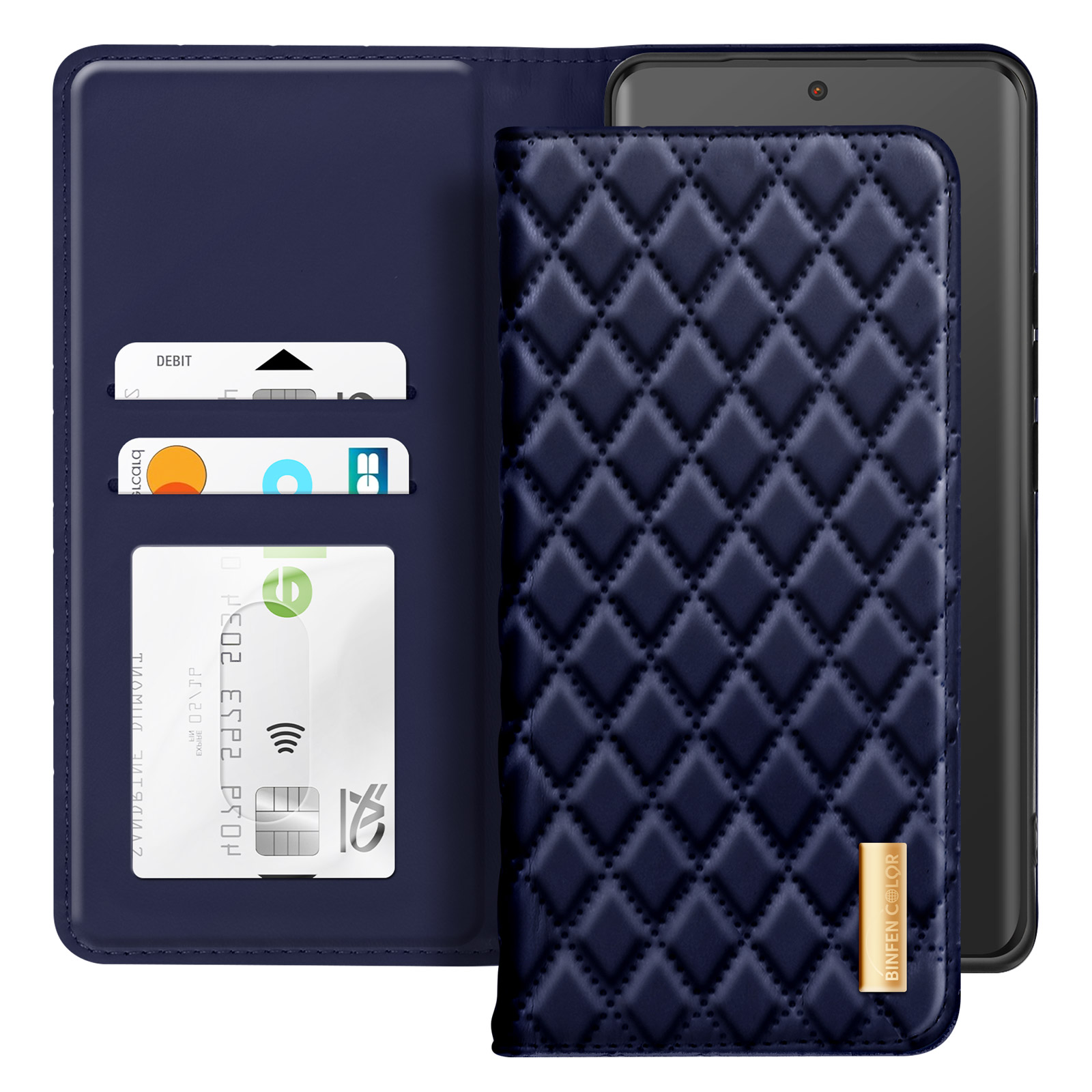 Custodia blu navy con motivo a diamante, aperta per rivelare carte e telefono.