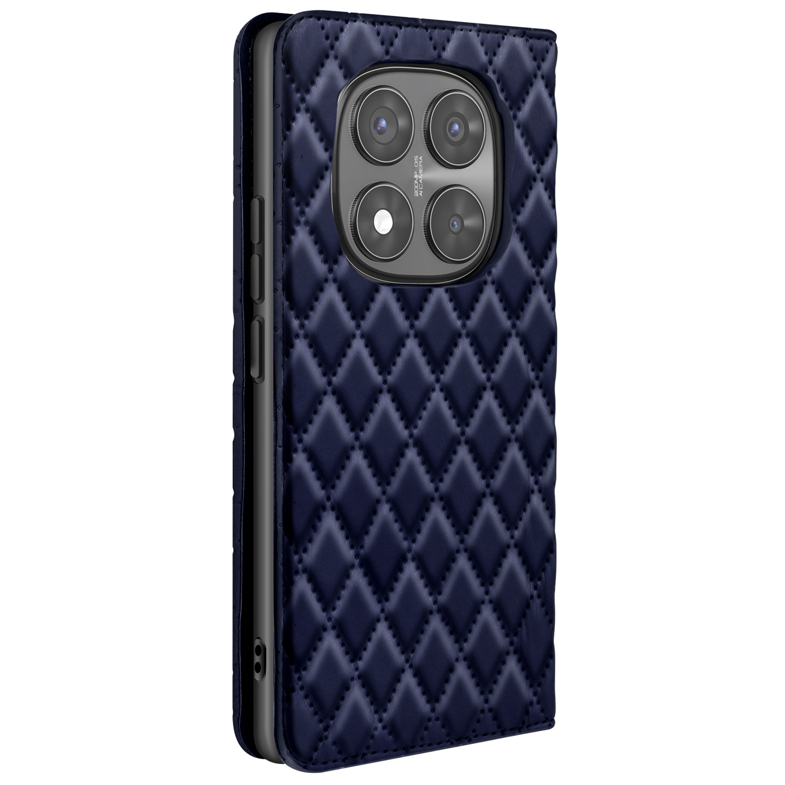 Custodia per telefono blu navy con motivo trapuntato. Mostra fotocamera e telefono a sinistra. Sfondo bianco.