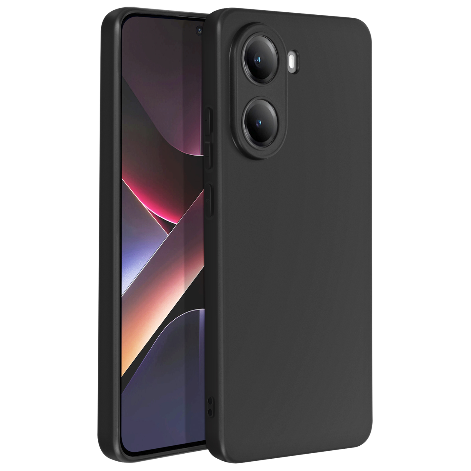 Custodia nera per telefono con un telefono. Il telefono ha due fotocamere. La custodia è opaca e copre il telefono.
