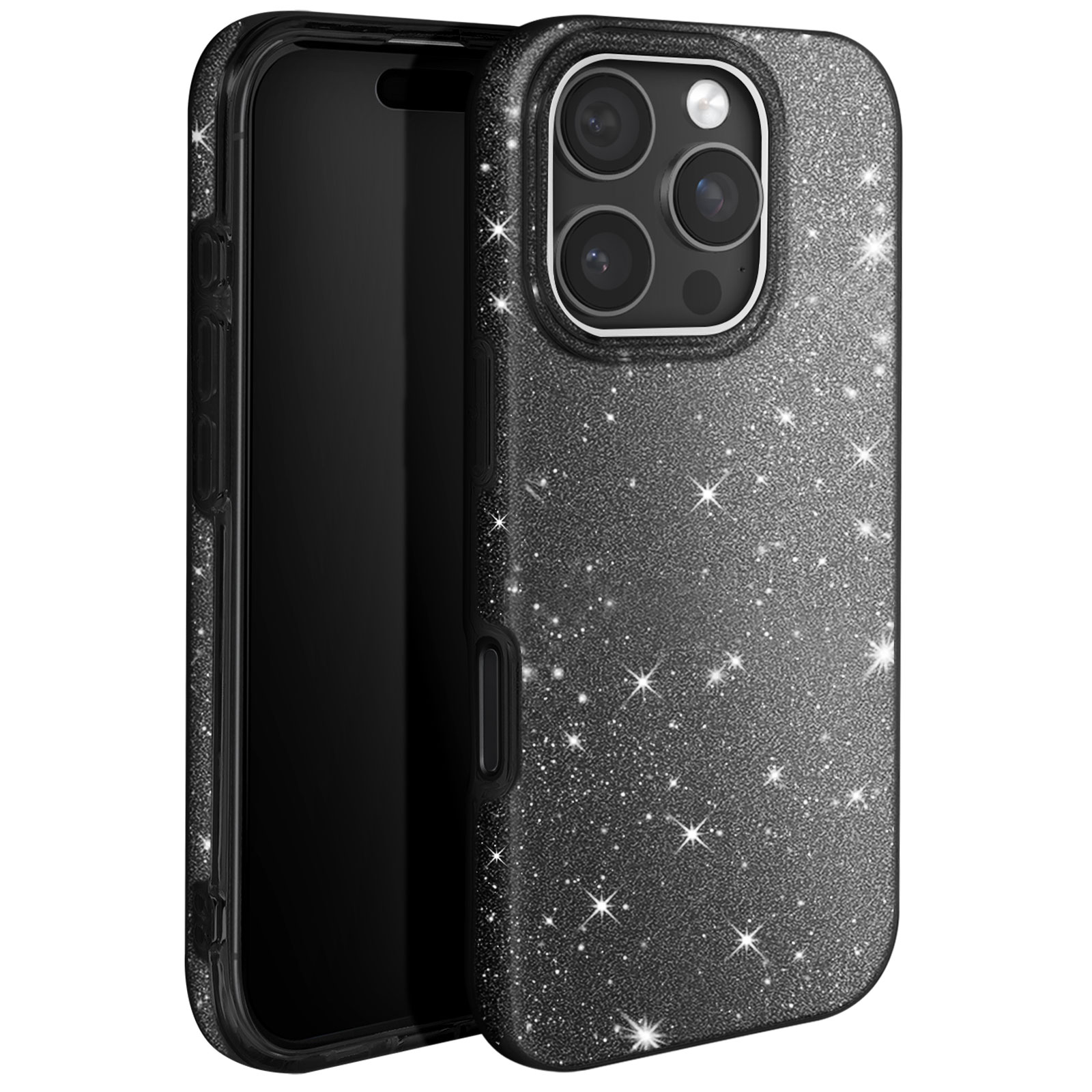 Custodia per telefono nera con glitter. Il telefono è parzialmente inserito. La custodia ha ritagli per fotocamera e pulsanti.