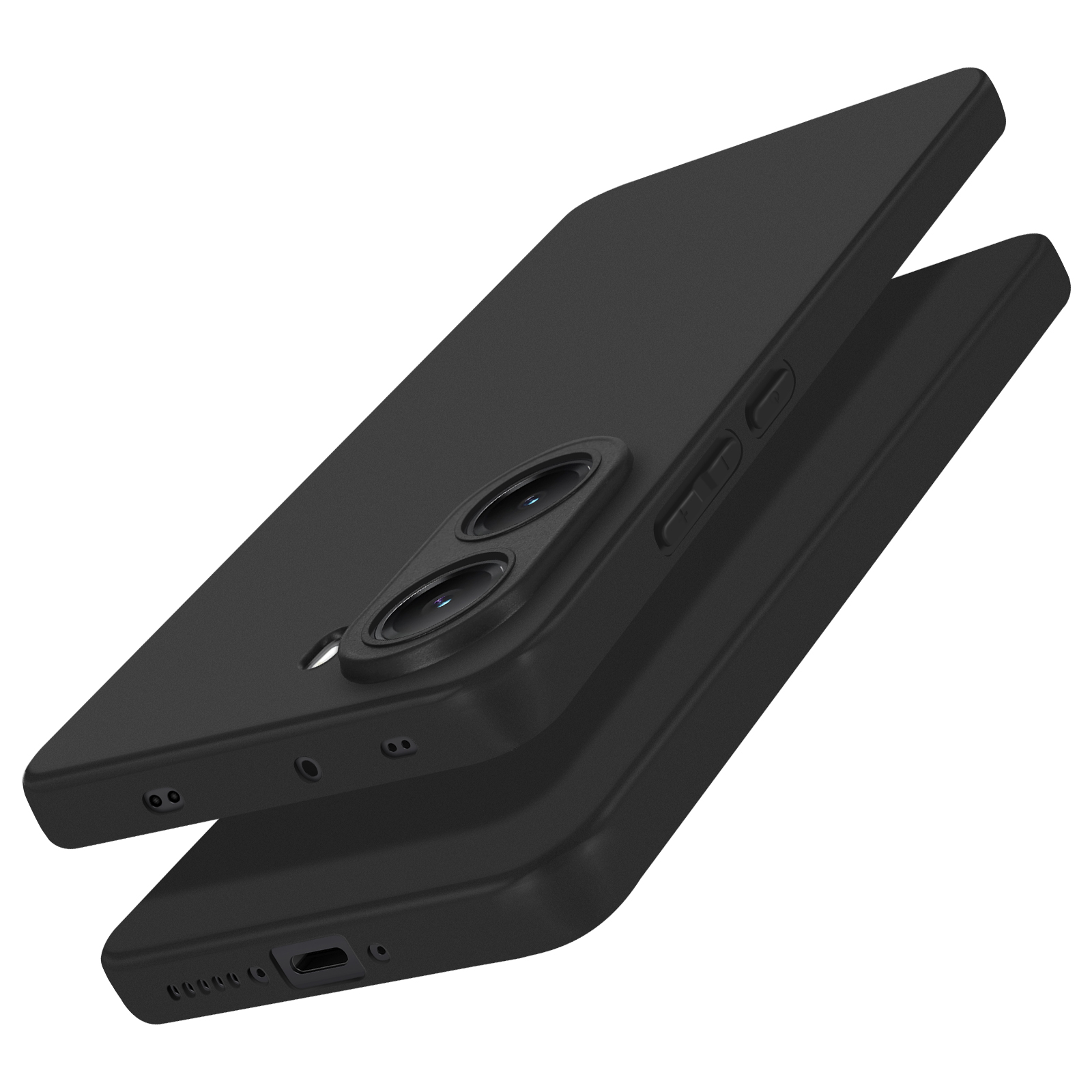 Due custodie per telefono nere. Una è capovolta. Entrambe hanno ritagli per fotocamera e pulsanti. Lo sfondo è bianco.
