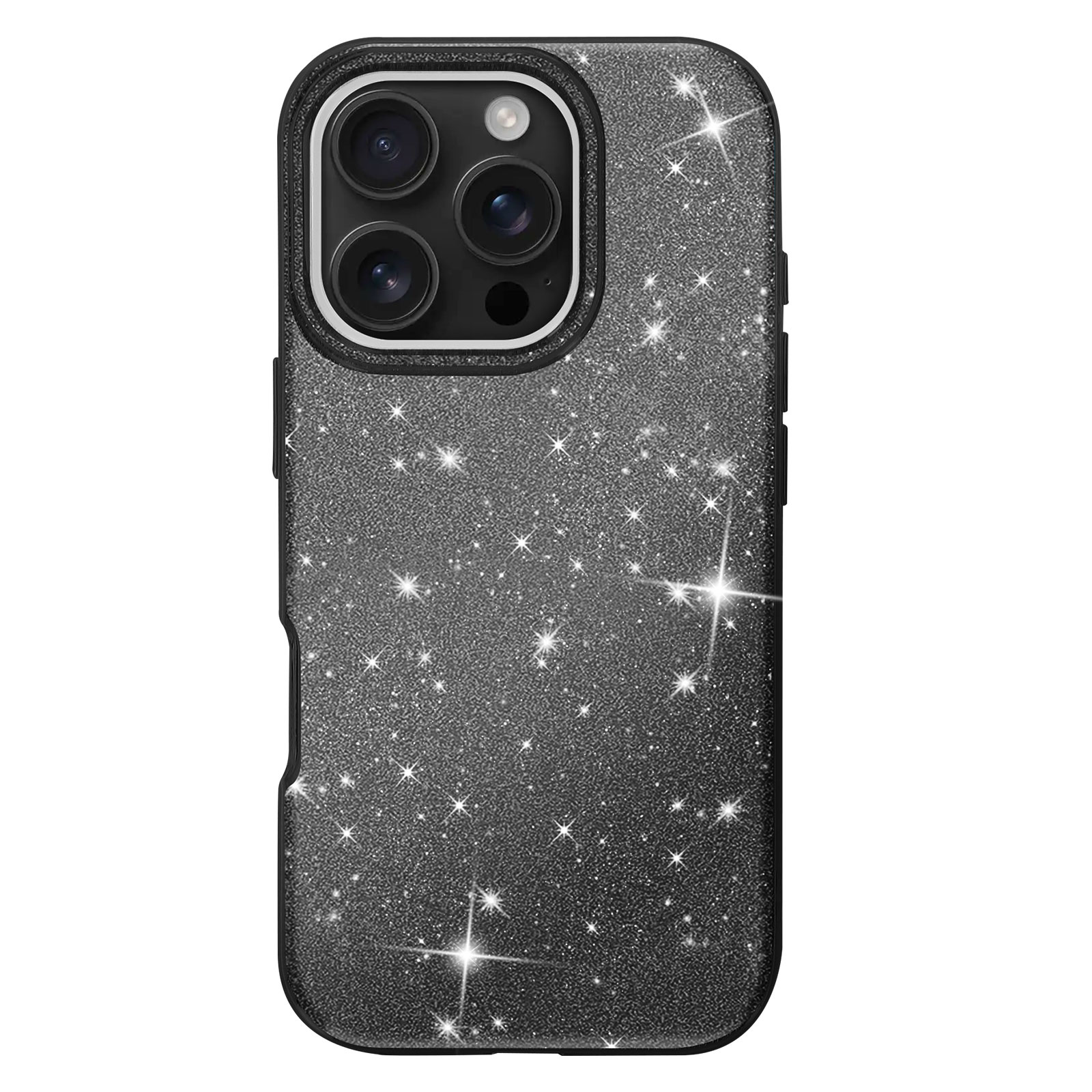 Custodia per telefono con glitter. La custodia è su un telefono e ha ritagli per pulsanti e fotocamere. Lo sfondo è bianco.