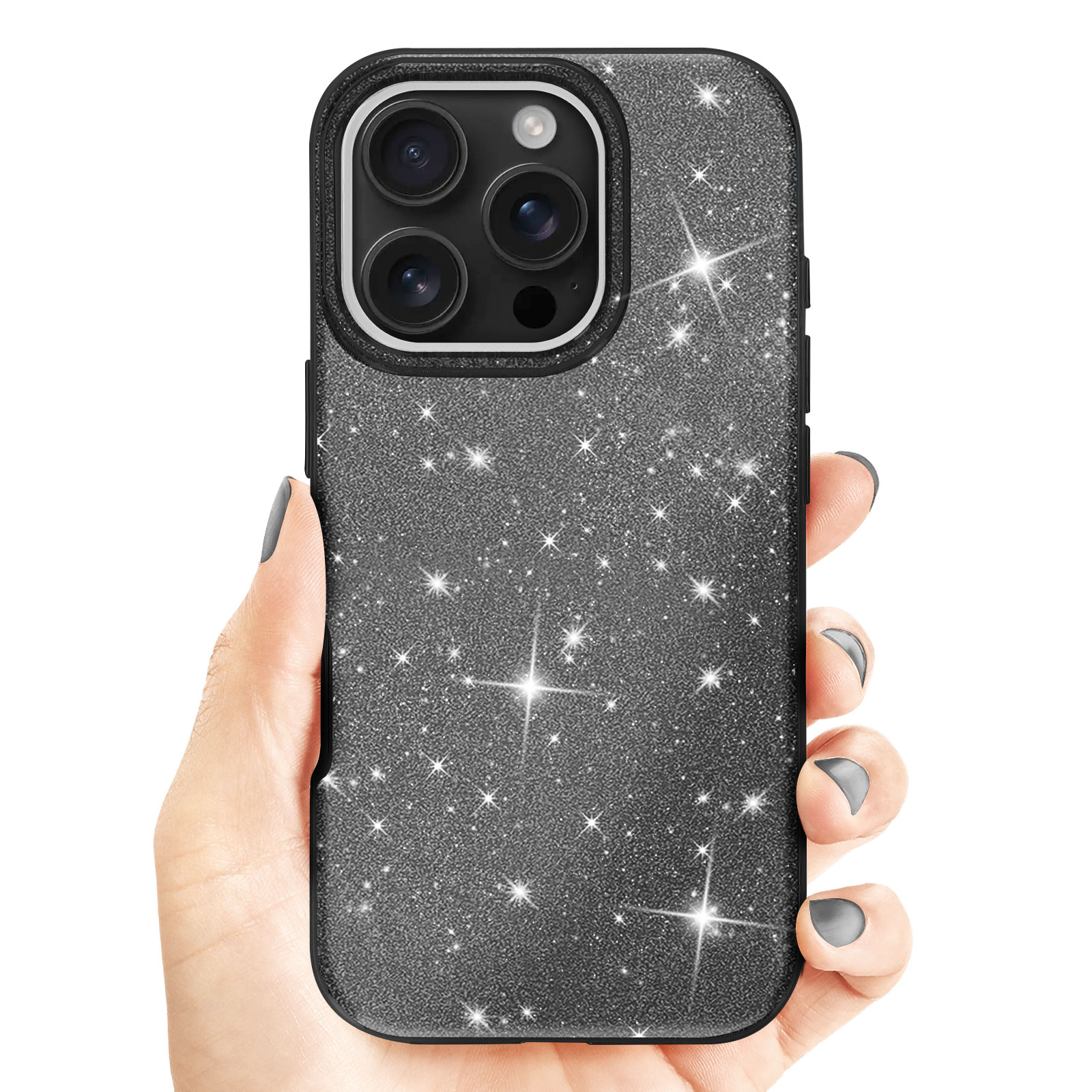 Mano che tiene un telefono con una custodia nera scintillante. Il telefono ha una fotocamera. Lo sfondo è bianco.