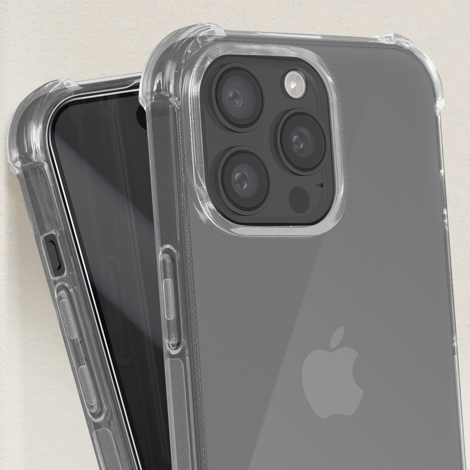 Un primo piano di un telefono in una custodia trasparente, che mostra la fotocamera e le funzionalità del telefono. Lo sfondo è beige.
