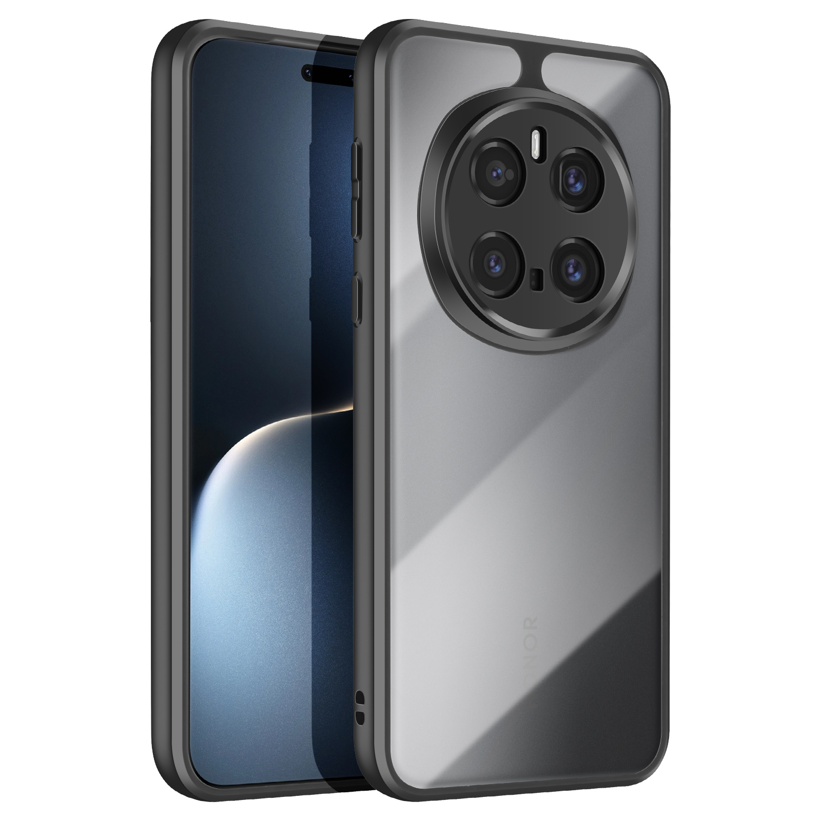 Un telefono con una custodia trasparente. La custodia mostra le fotocamere del telefono, con la scritta HONOR sul retro.