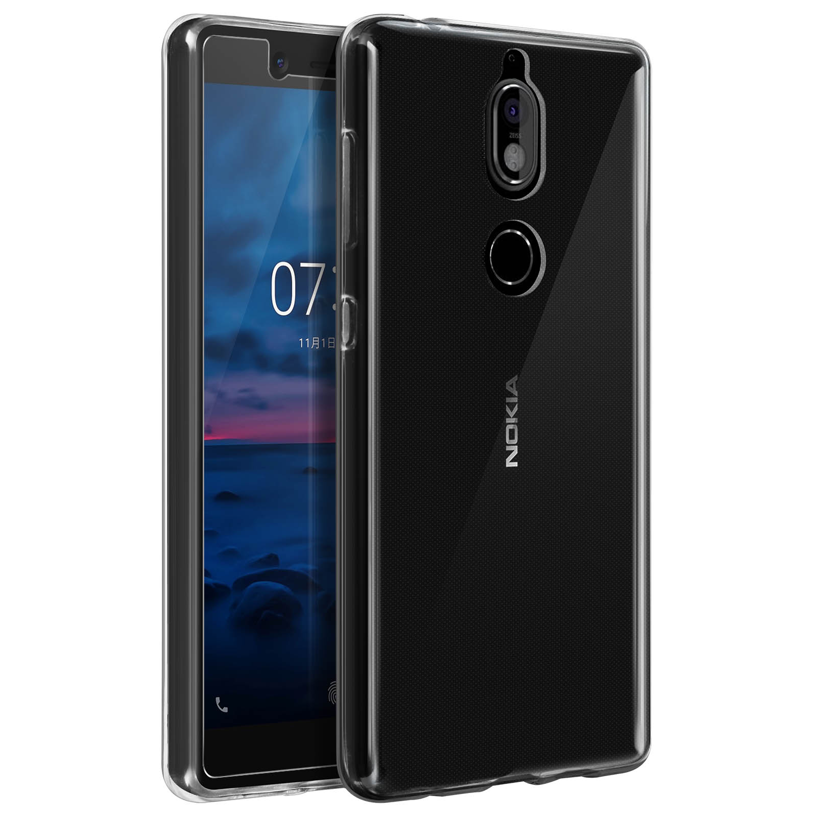 Un telefono nero in una custodia trasparente. Il telefono è nero. Lo sfondo è una superficie bianca.