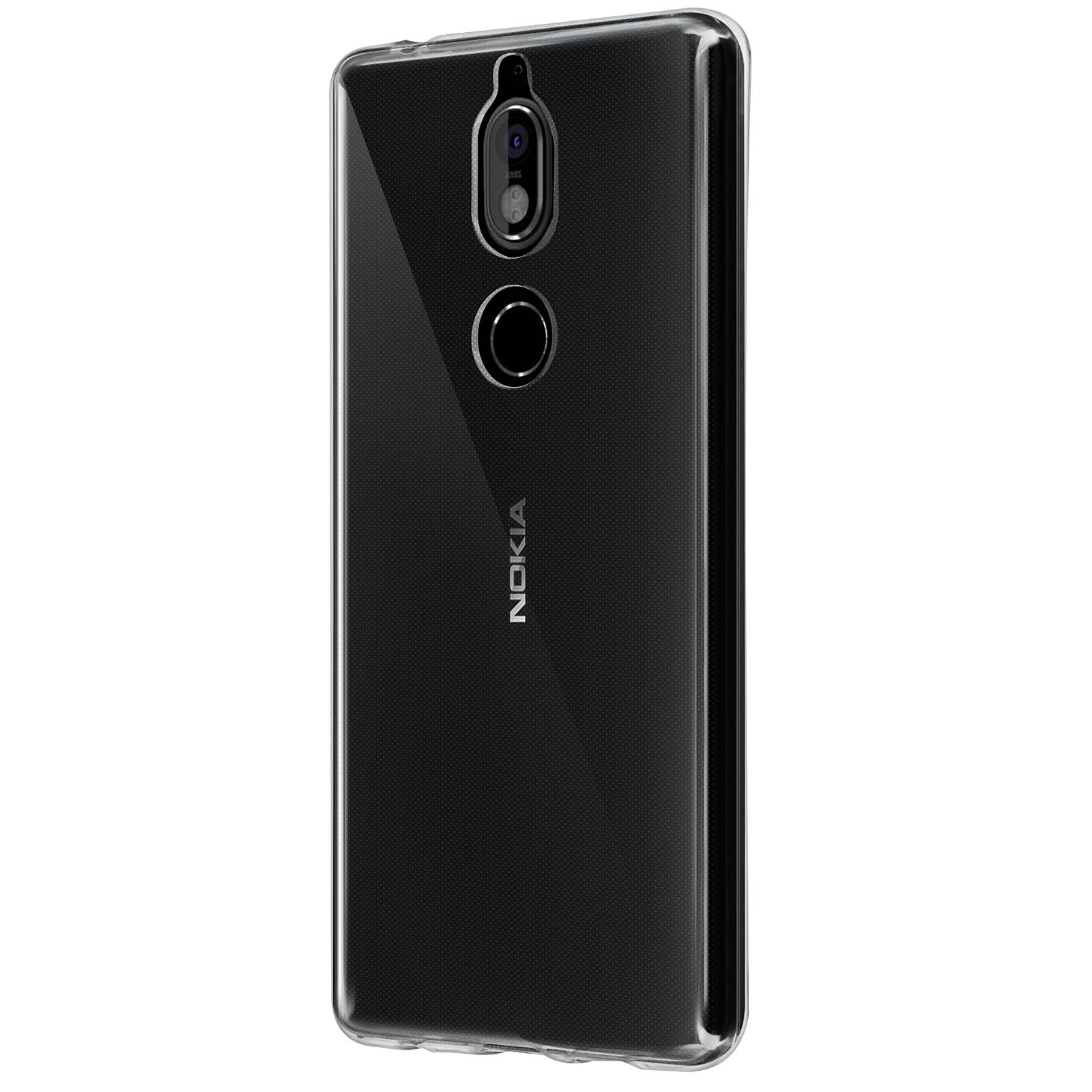 Telefono nero in custodia trasparente. Il logo Nokia è sul telefono.