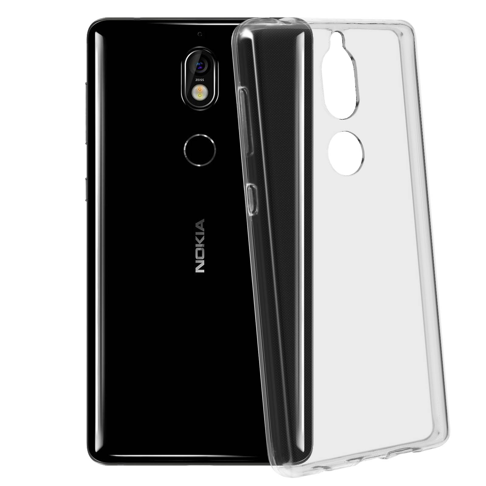 Telefono Nokia nero con custodia trasparente, mostra fotocamera e logo. Custodia staccata.