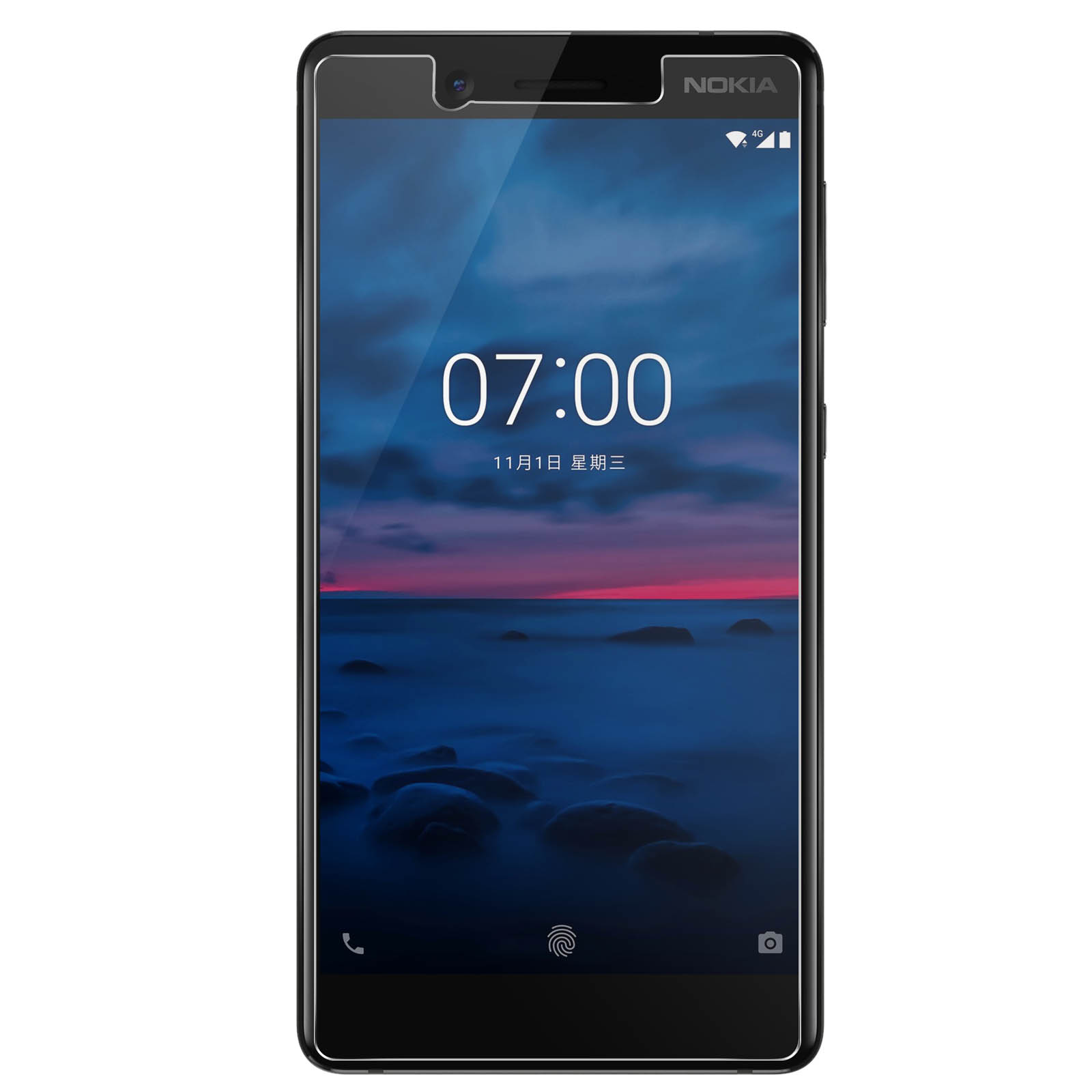 Telefono Nokia nero con schermo che mostra l'ora e una scena costiera.