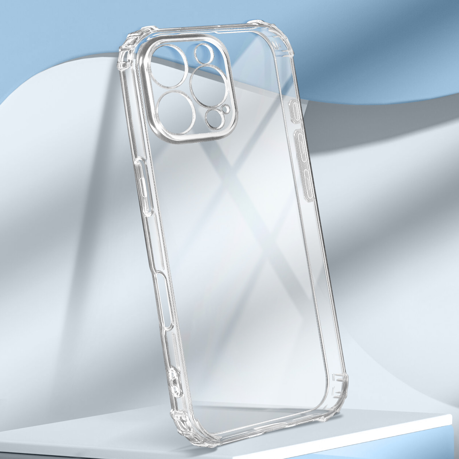 Custodia trasparente per telefono. È trasparente e ha un ritaglio per la fotocamera. Lo sfondo è blu e bianco.