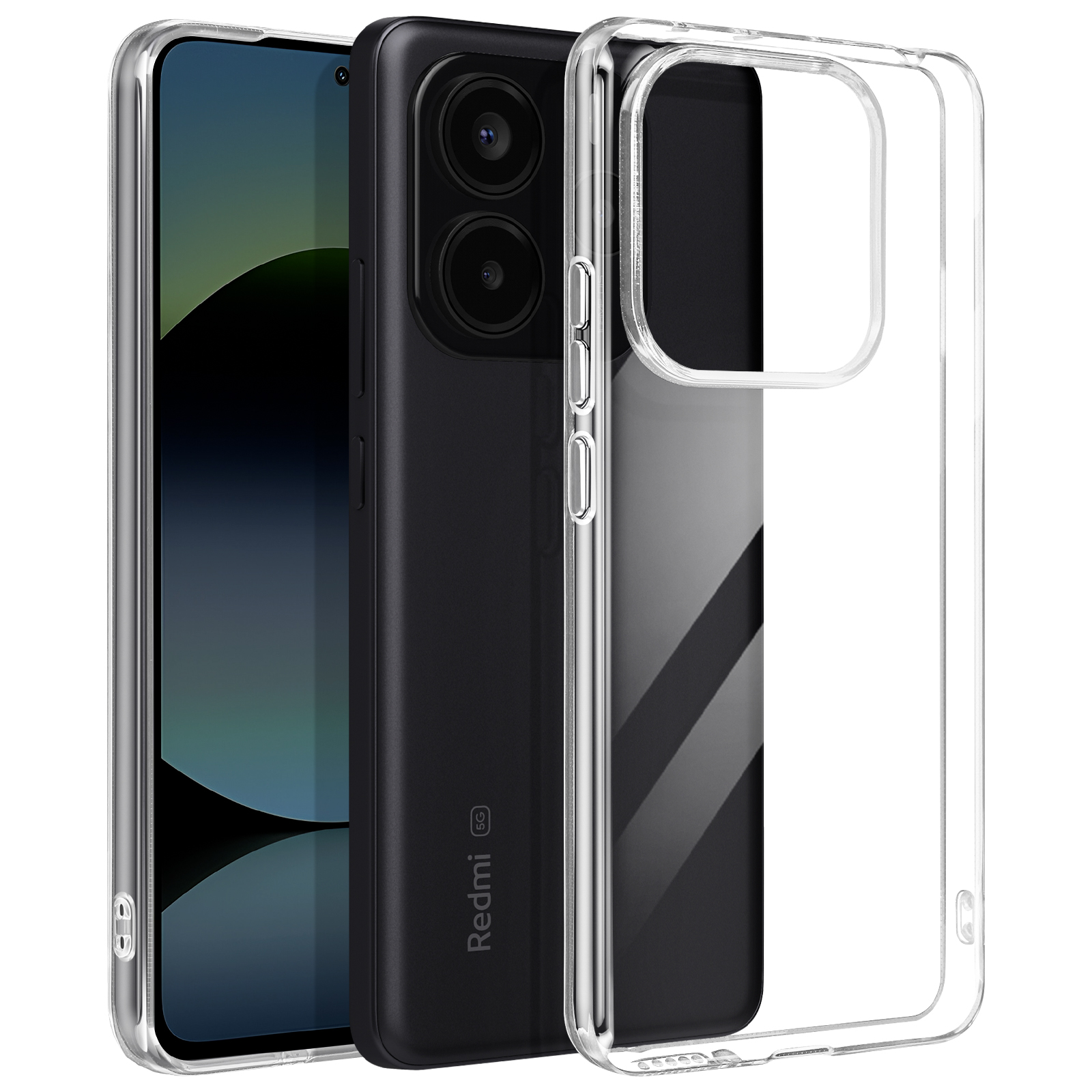 Tre telefoni in custodie, uno nero, uno con custodia trasparente e uno con custodia trasparente.