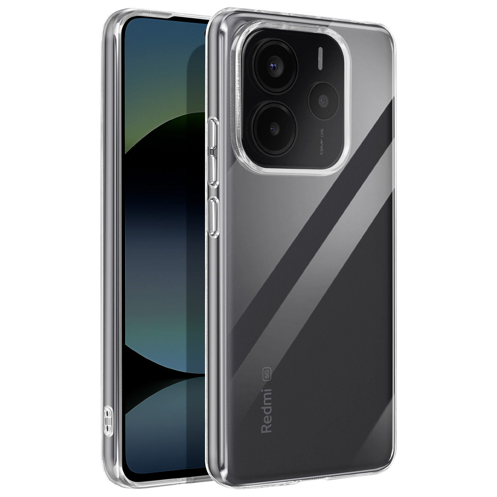 Custodia trasparente con 3 obiettivi della fotocamera e un pulsante laterale. Il telefono è nero.