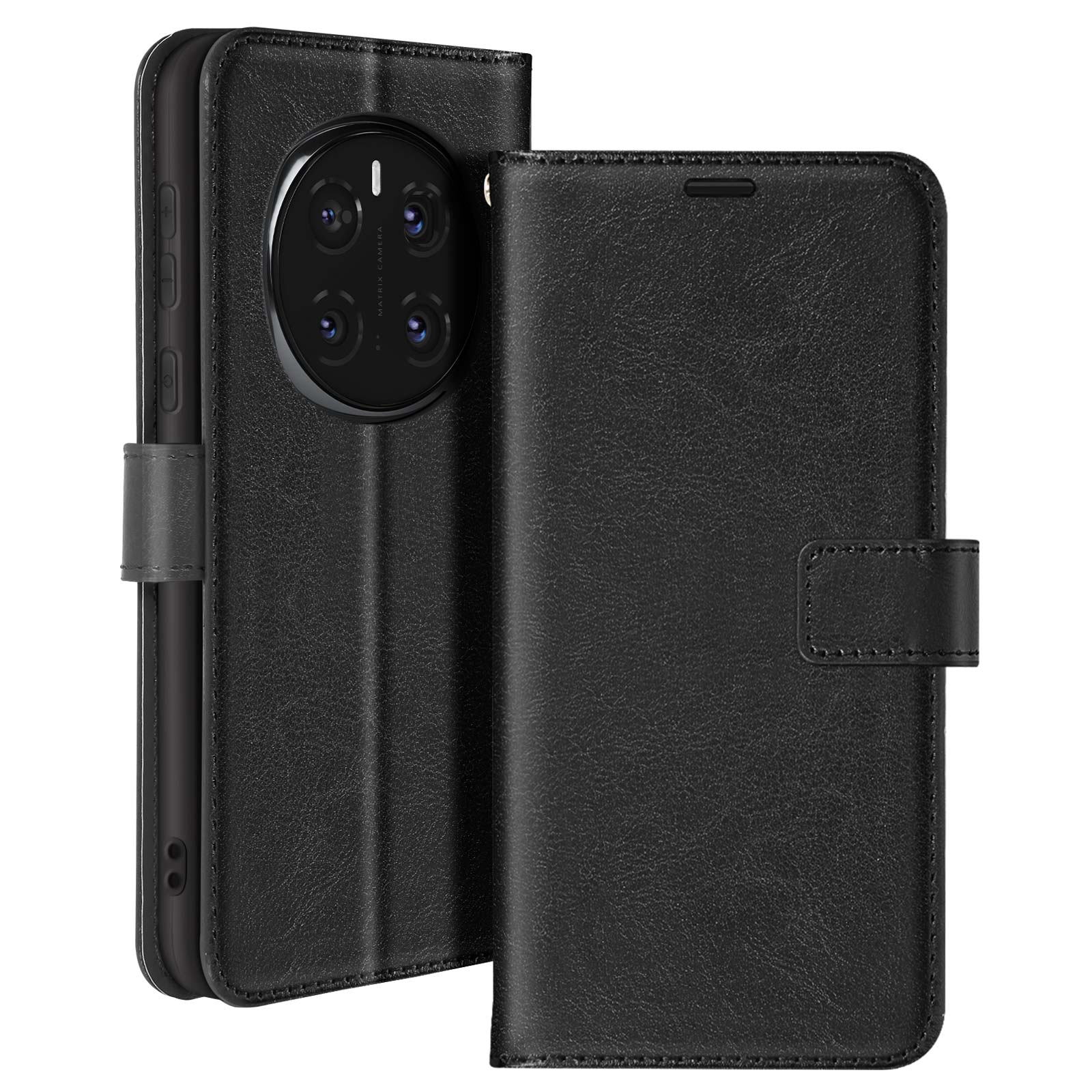 Custodia per telefono nera, aperta, che mostra un telefono. La custodia è in pelle nera, con chiusura magnetica.