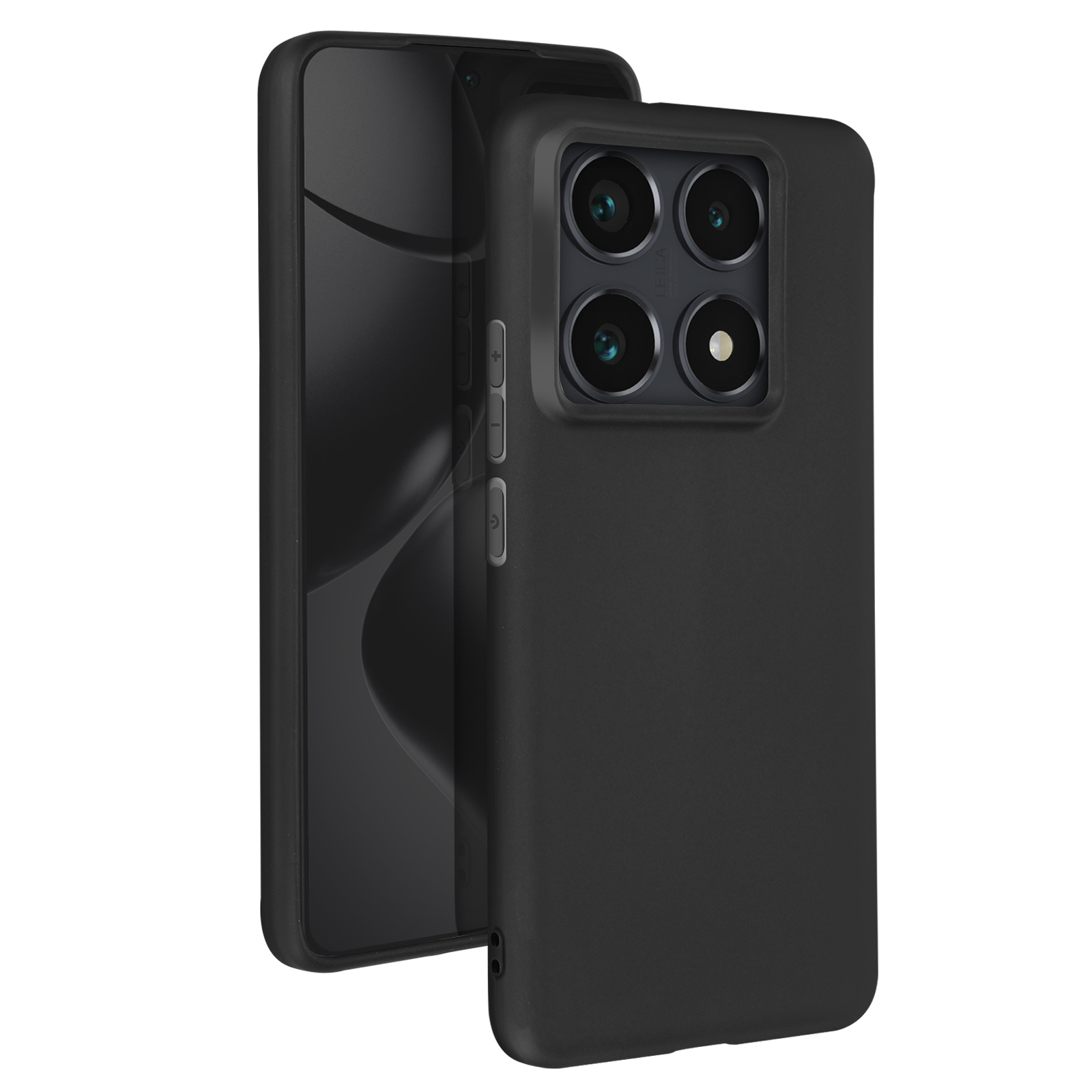 Telefono nero con custodia nera, che mostra l'ingombro della fotocamera e i pulsanti di accensione/volume.