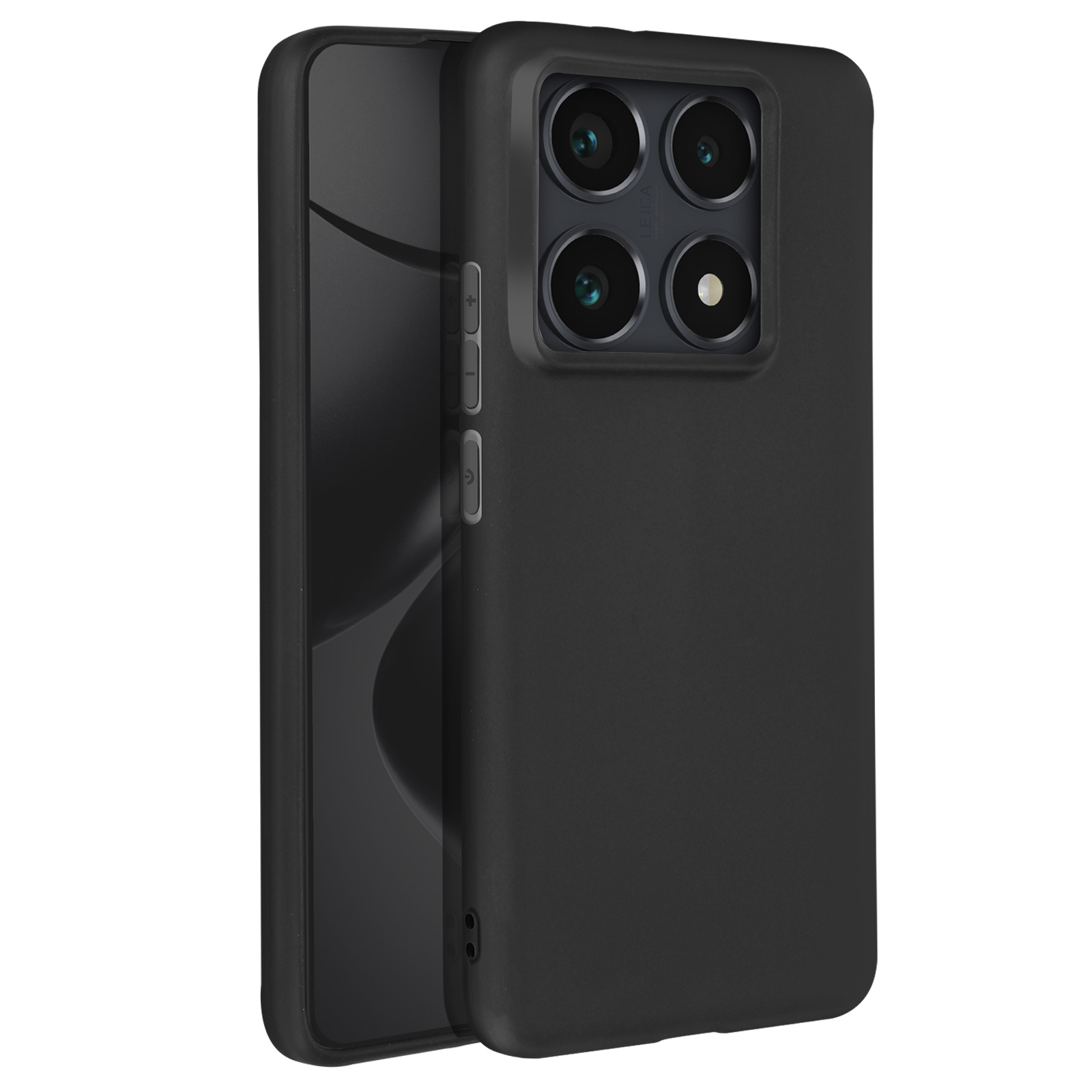 Custodia nera con vista laterale. Copre il retro del telefono con quattro lenti. La custodia ha una finitura opaca.