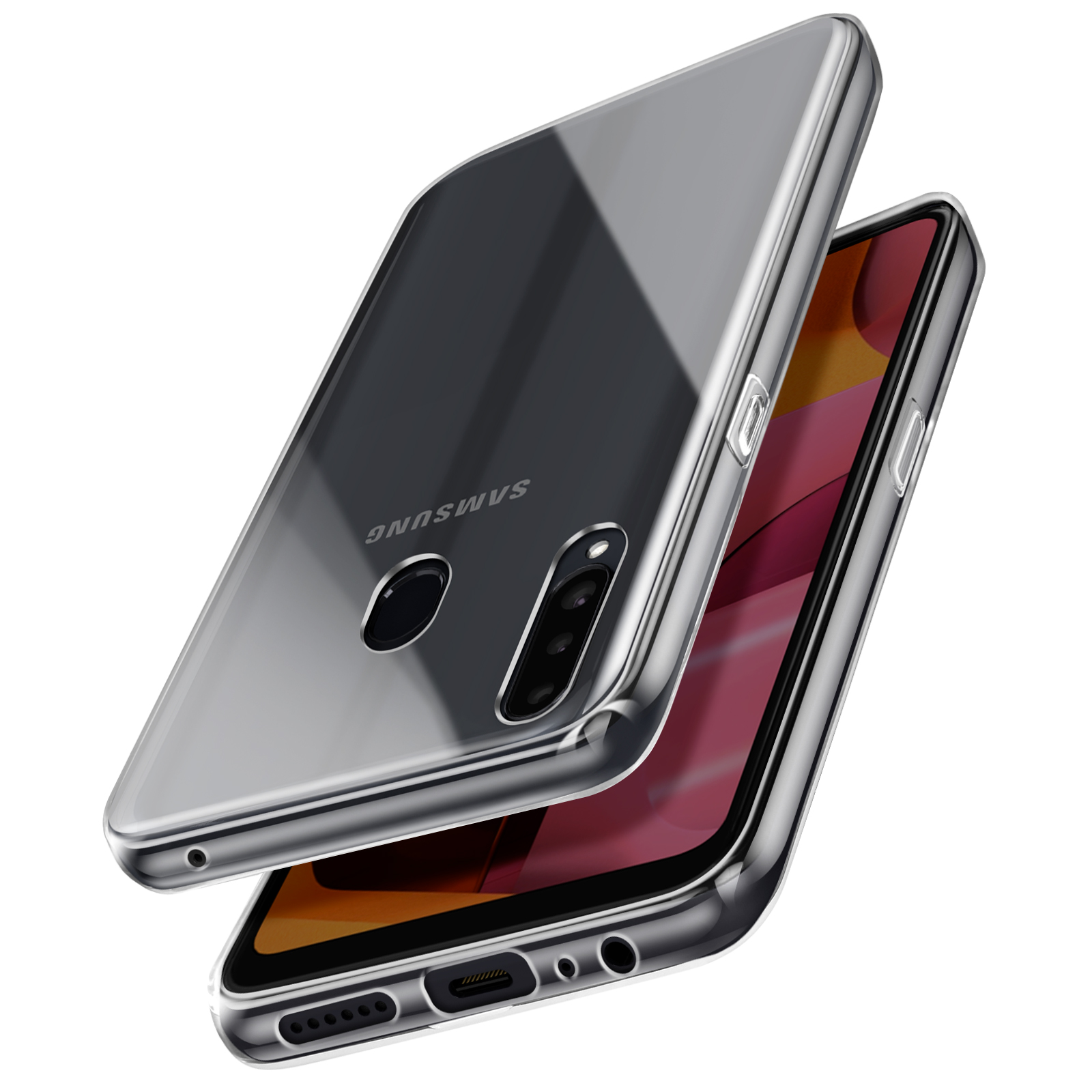 Un telefono in una custodia trasparente. Il retro mostra una fotocamera e il logo Samsung. La custodia è leggermente aperta.